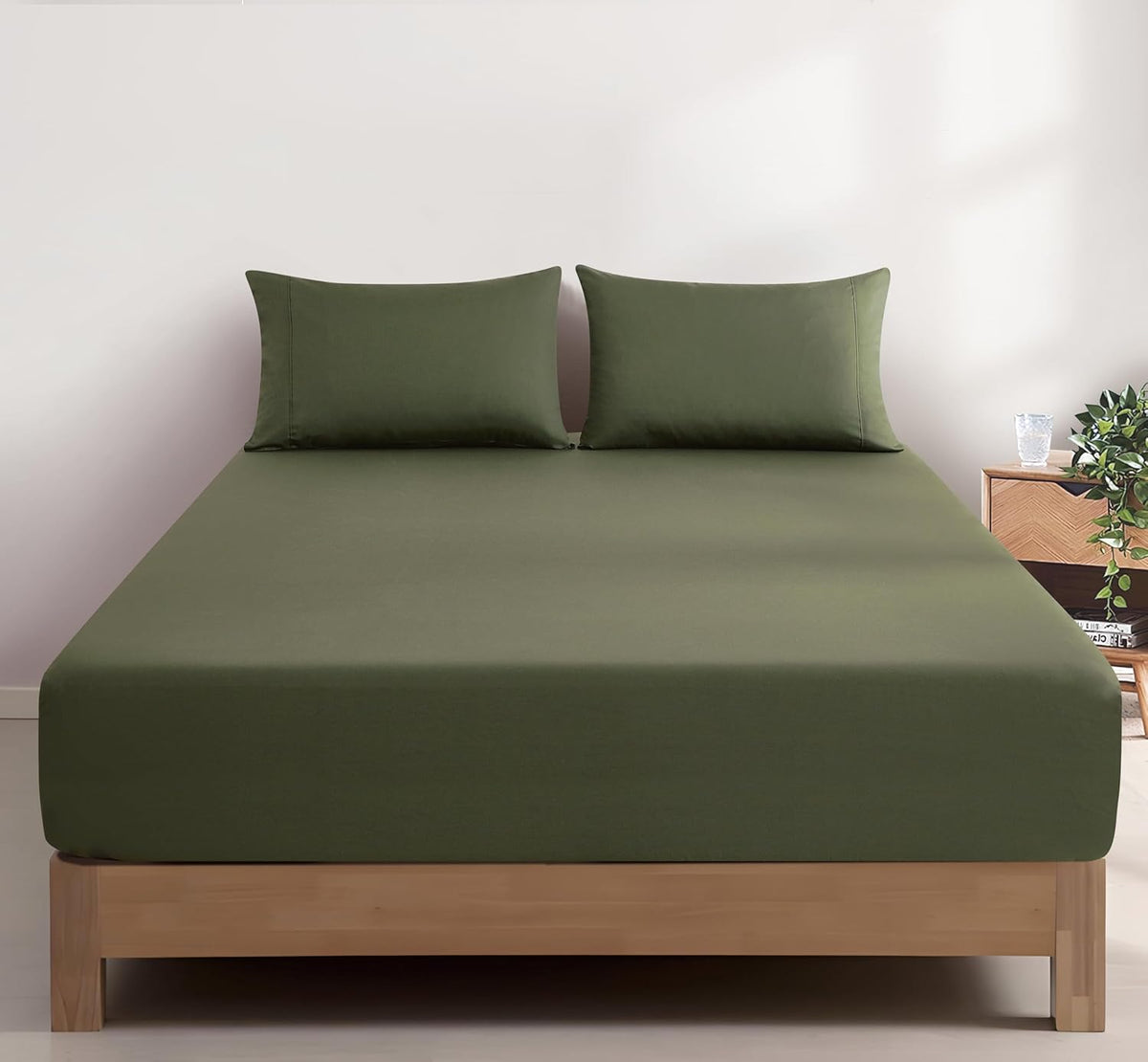 100% Vintage Washed Cotton Fitted Sheet Combo Set – 100% Natural Cotton, Ultra Soft &amp; Breathable – Includes Fitted Sheet &amp; Pillowcases – Machine Washable (Khaki Green, Single)