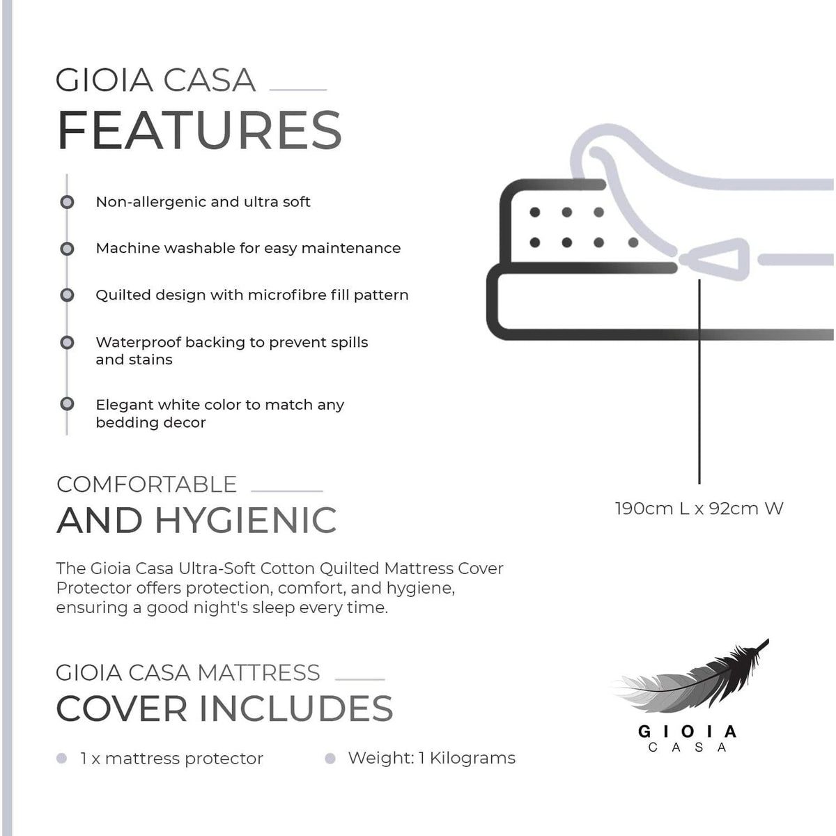 Gioia Casa 100% Ultra-Soft Cotton Quilted Anti-Microbial Mattress Cover Protector - Single Size
