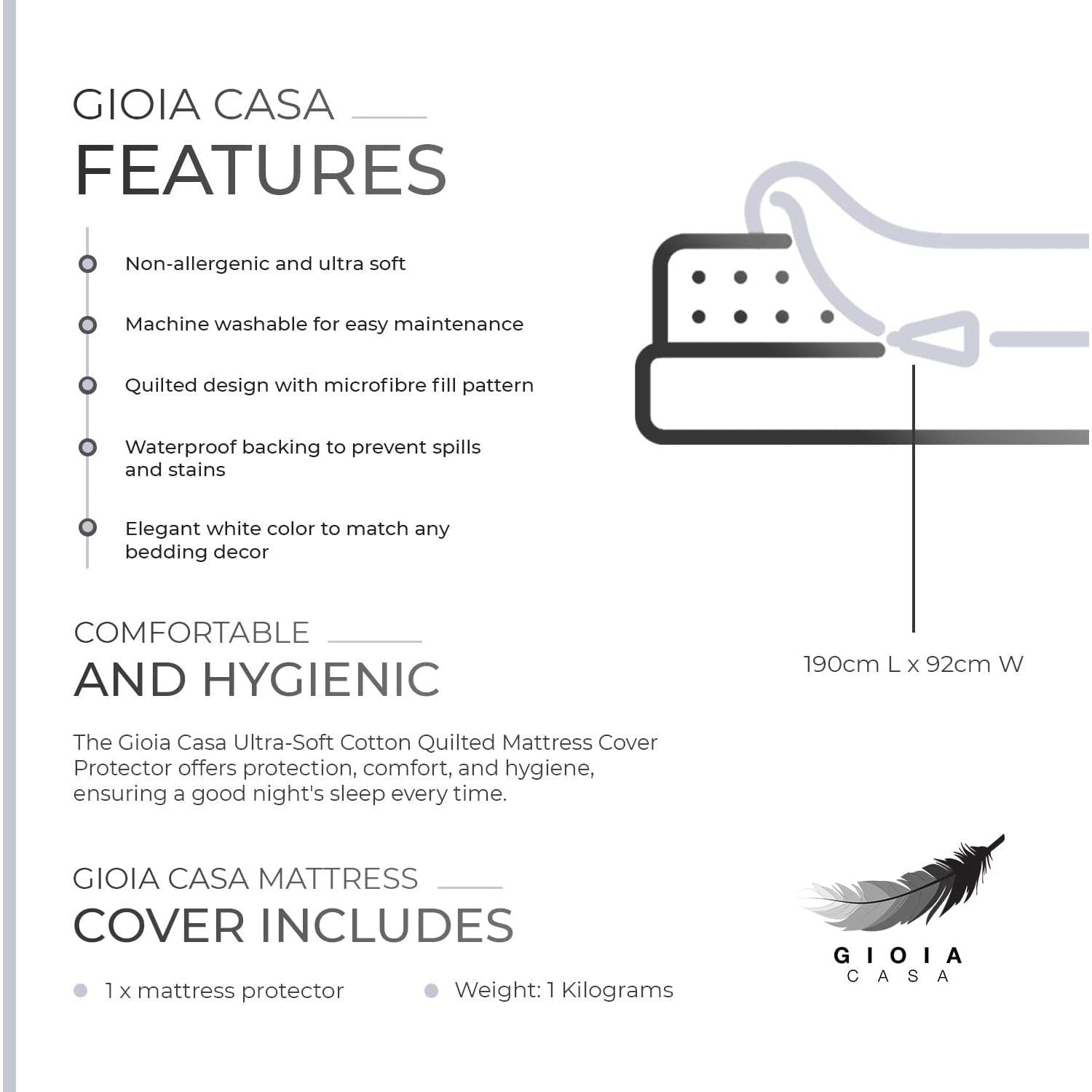 Gioia Casa 100% Ultra-Soft Cotton Quilted Anti-Microbial Mattress Cover Protector - Single Size