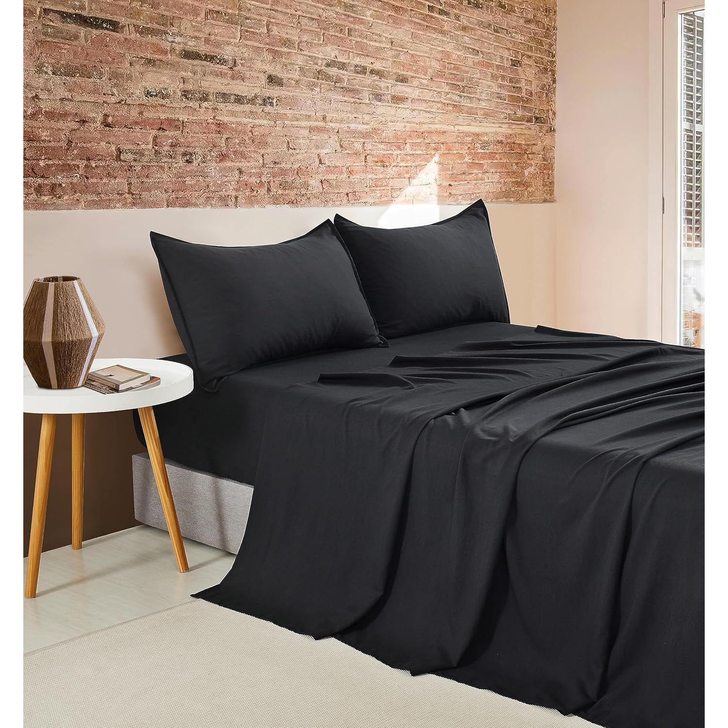 CleverPolly Vintage Washed Microfibre Sheet Set with 1 Pillowcase - Black - Single