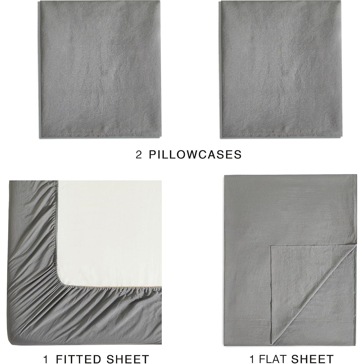 CleverPolly Vintage Washed Microfibre Sheet Set with 1 Pillowcase - Grey - Single