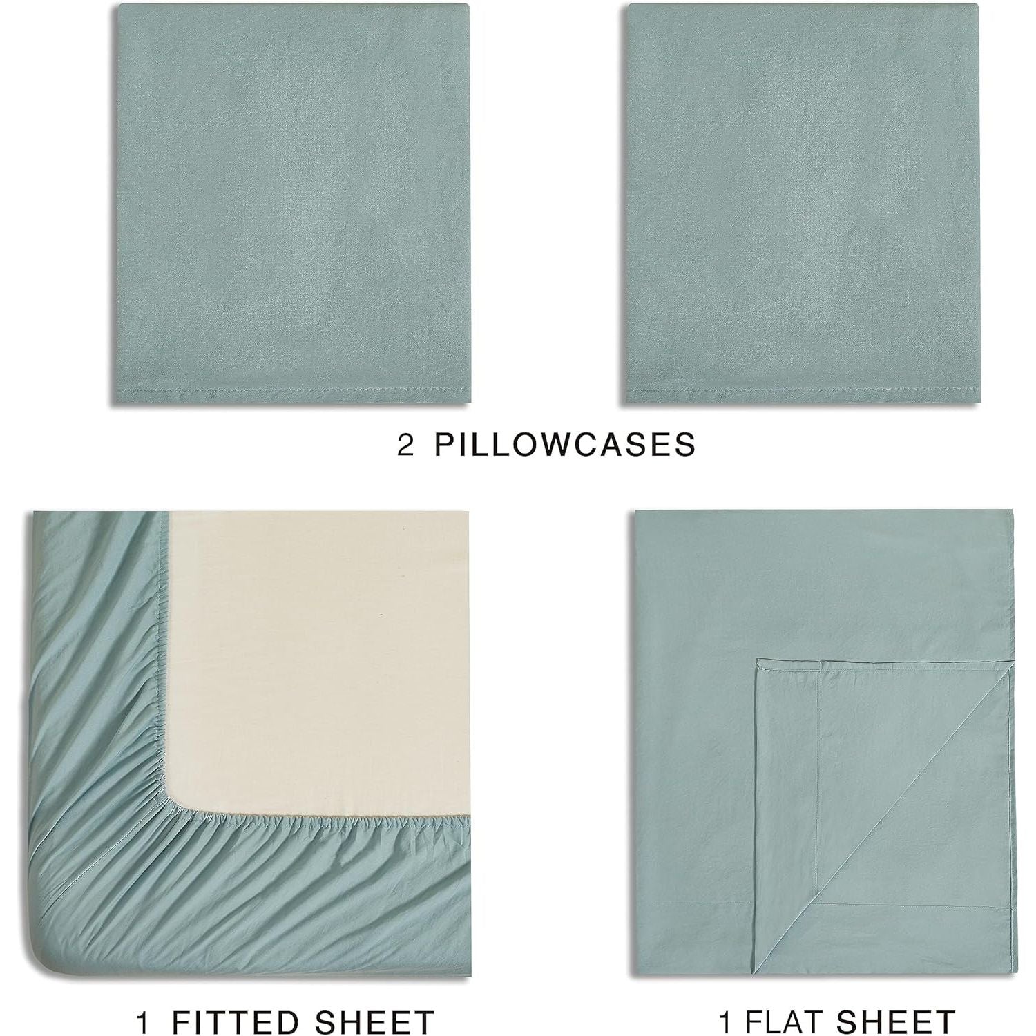 CleverPolly Vintage Washed Microfibre Sheet Set with 1 Pillowcase - Seafoam - Single