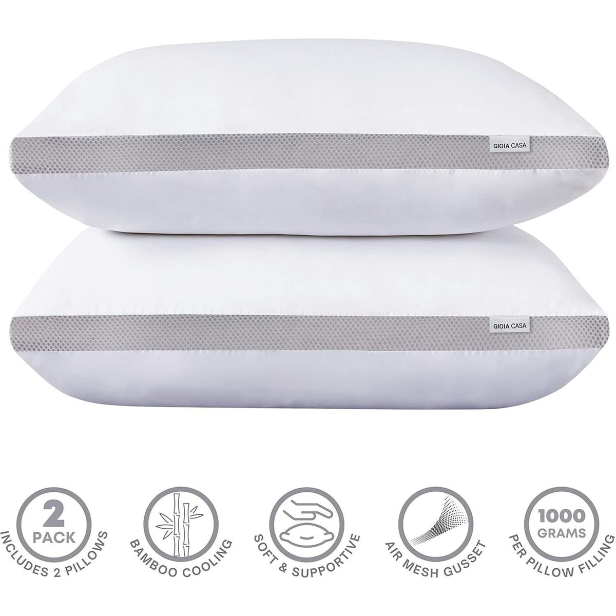 Gioia Casa Bamboo Cooling Pillows Twin Pack - Luxury Plush Down-Like Microfibre Pillows for Bedding - Ultra Soft, Comfy & Breathable Standard Pillows