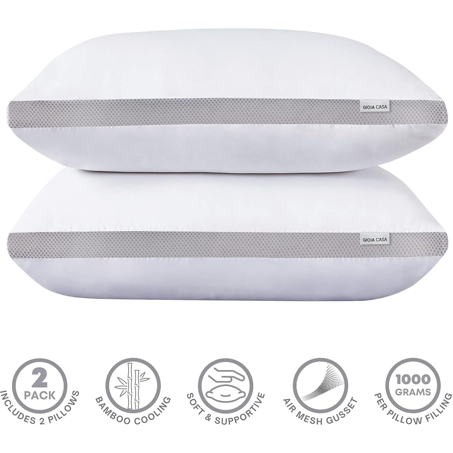 Gioia Casa Bamboo Cooling Pillows Twin Pack - Luxury Plush Down-Like Microfibre Pillows for Bedding - Ultra Soft, Comfy & Breathable Standard Pillows