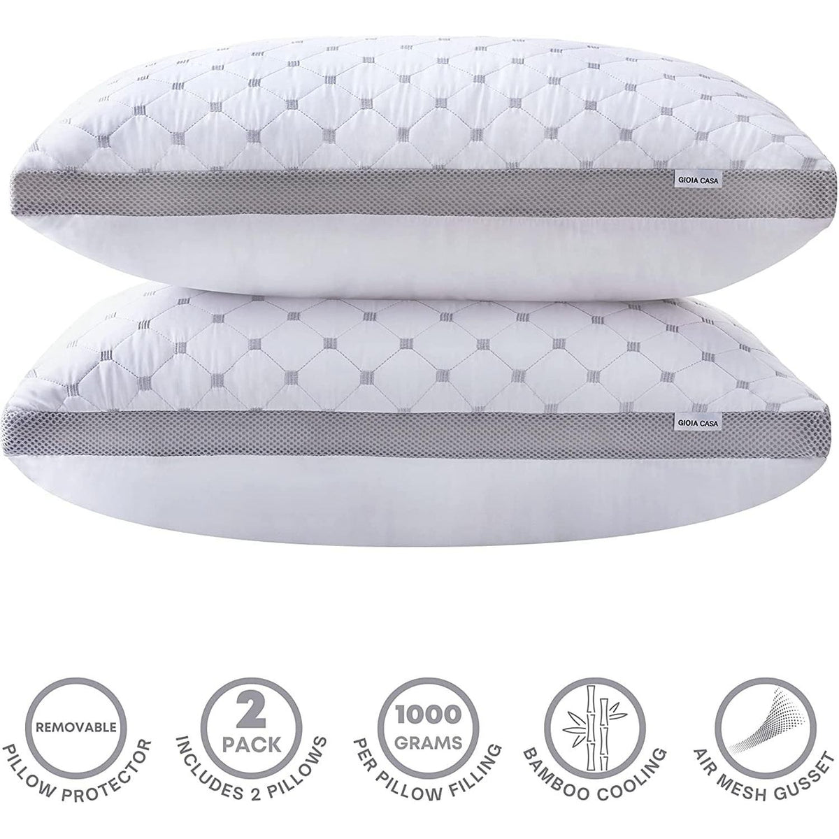 Gioia Casa Premium Bamboo Cooling Twin Pack Plush Down-Like Pillows - Medium to High Profile (2PCS) - with Free 2 Quilted Pillow Protectors (Improved Version)