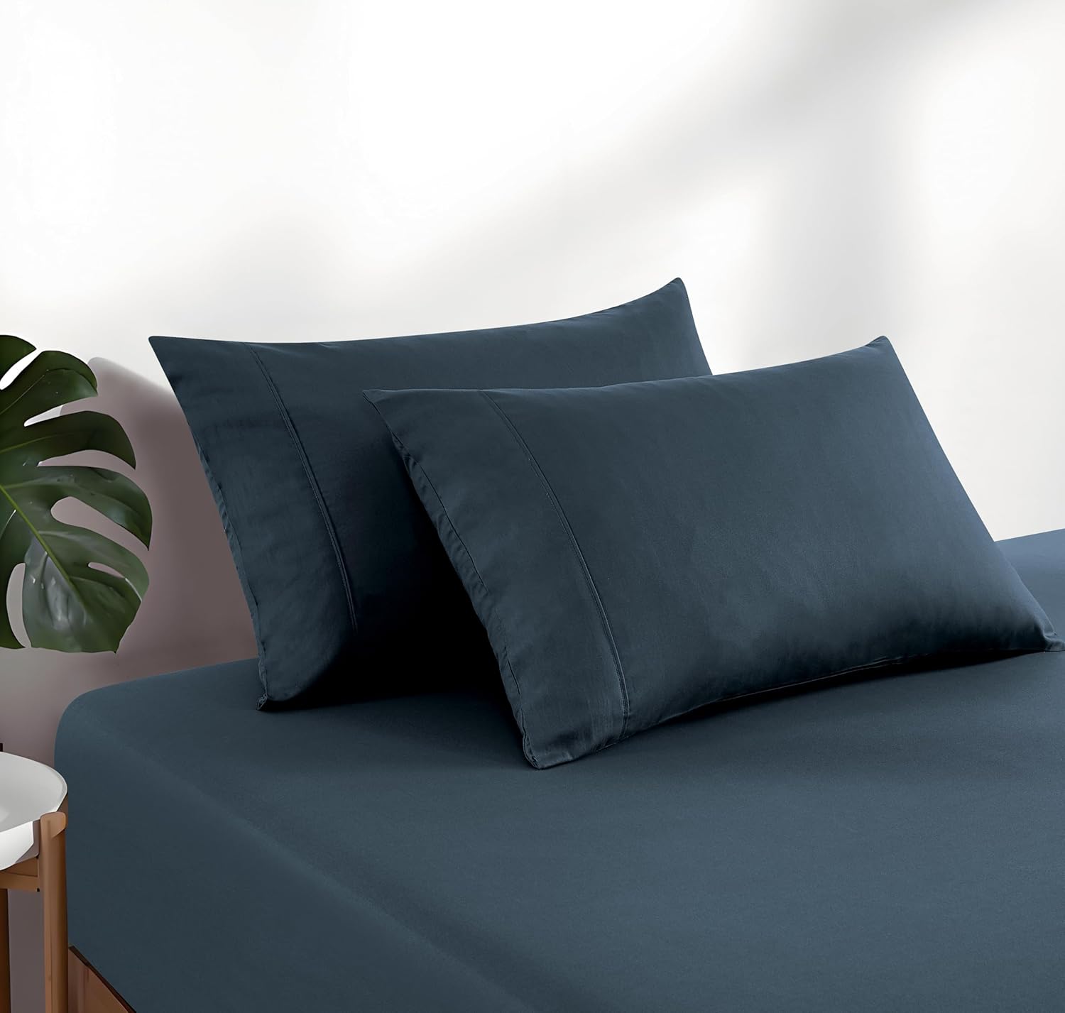 100% Vintage Washed Cotton Fitted Sheet Combo Set – 100% Natural Cotton, Ultra Soft & Breathable – Includes Fitted Sheet & Pillowcases – Machine Washable (Indigo, Double)