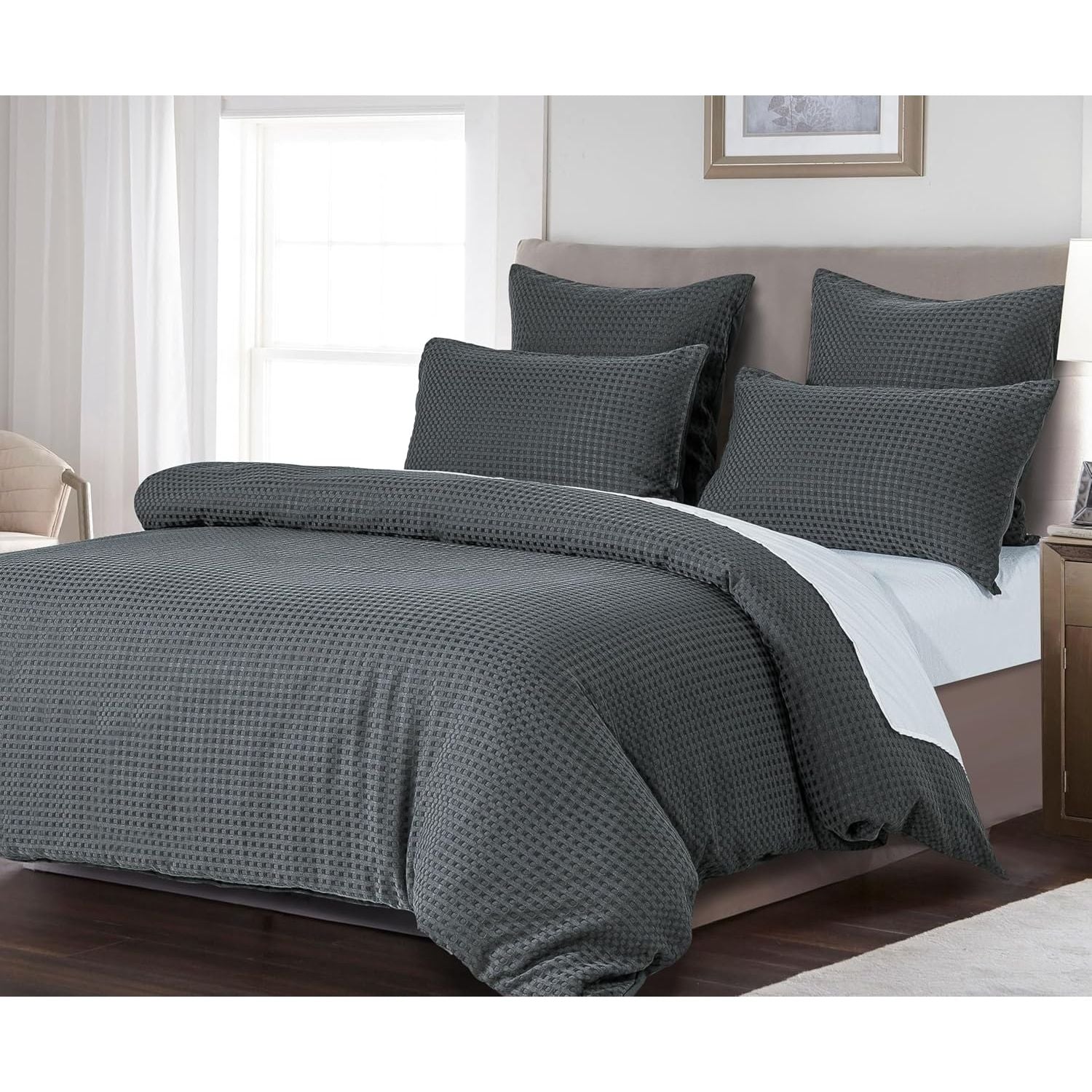 CleverPolly 100% Premium Waffle Microfibre Quilt Cover Set (3Pcs) - Dark Grey - Double