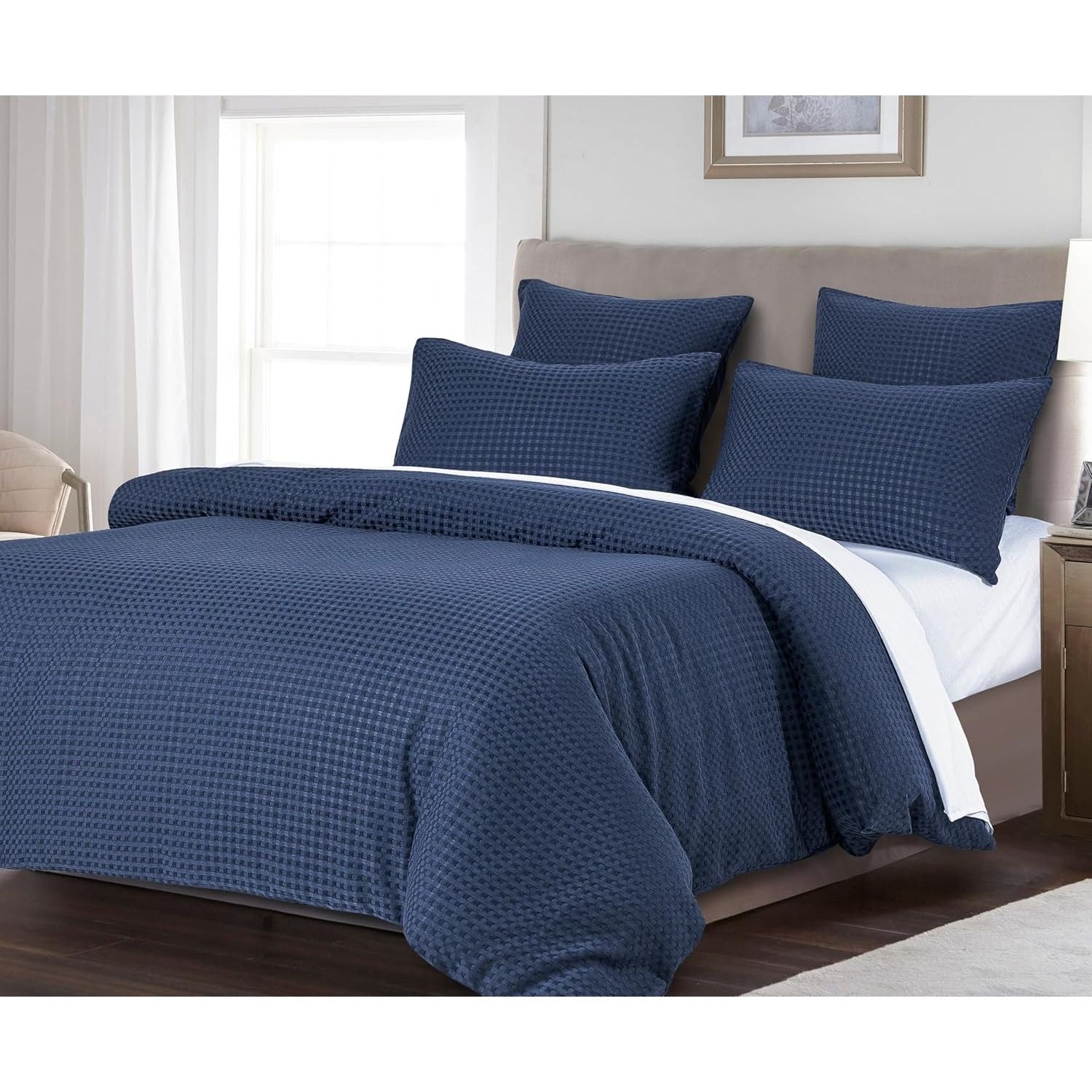 CleverPolly 100% Premium Waffle Microfibre Quilt Cover Set (3Pcs) - Indigo - Double