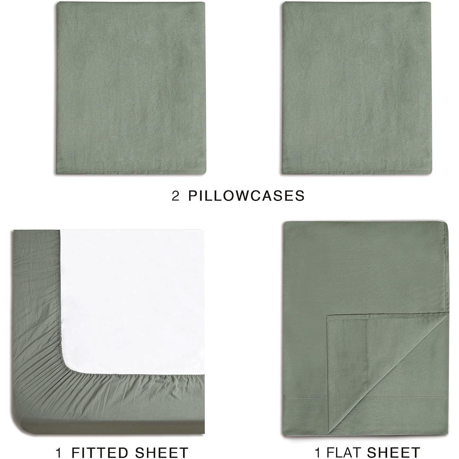 CleverPolly Vintage Washed Microfibre Sheet Set with 2 Pillowcases - Khaki Green - Double