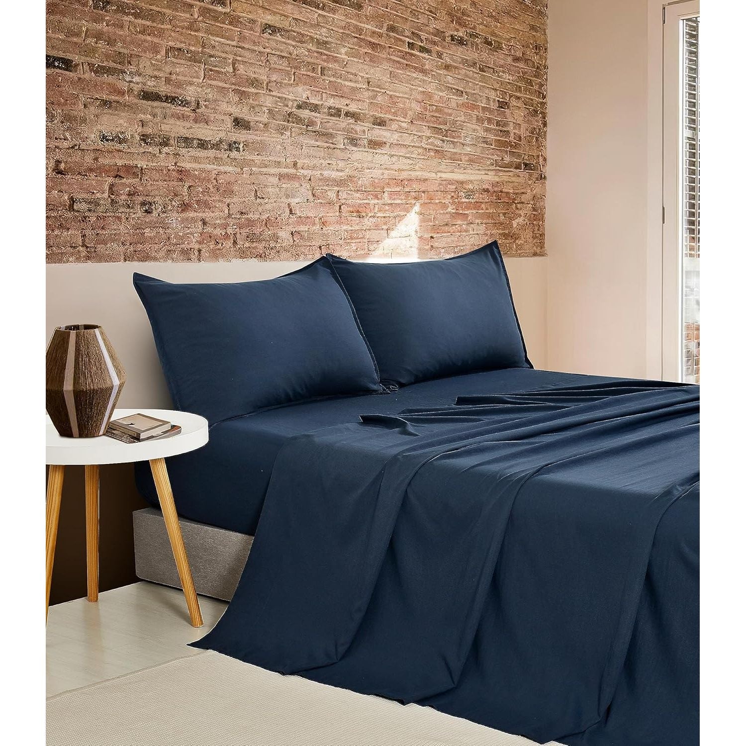 CleverPolly Vintage Washed Microfibre Sheet Set with 2 Pillowcases - Navy - Double