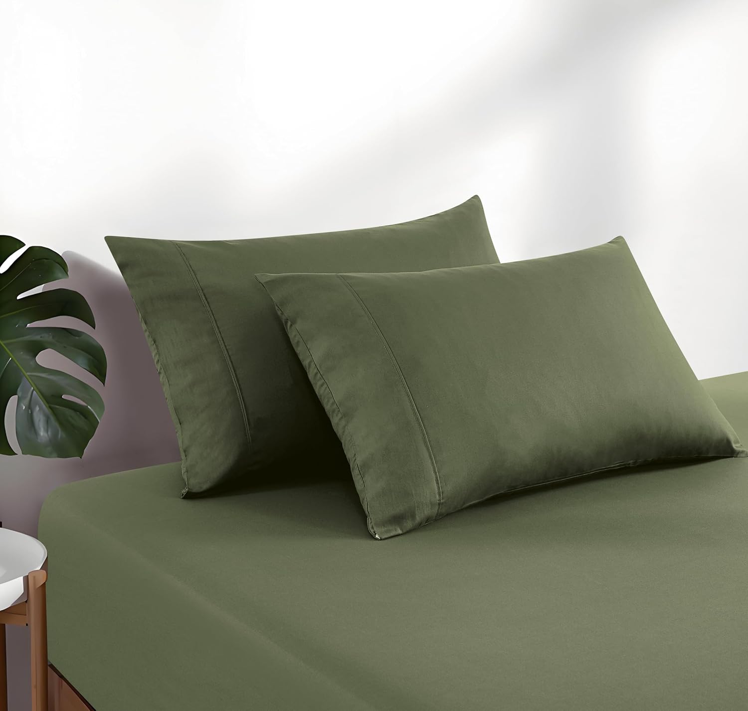 100% Vintage Washed Cotton Fitted Sheet Combo Set – 100% Natural Cotton, Ultra Soft & Breathable – Includes Fitted Sheet & Pillowcases – Machine Washable (Khaki Green, Queen)