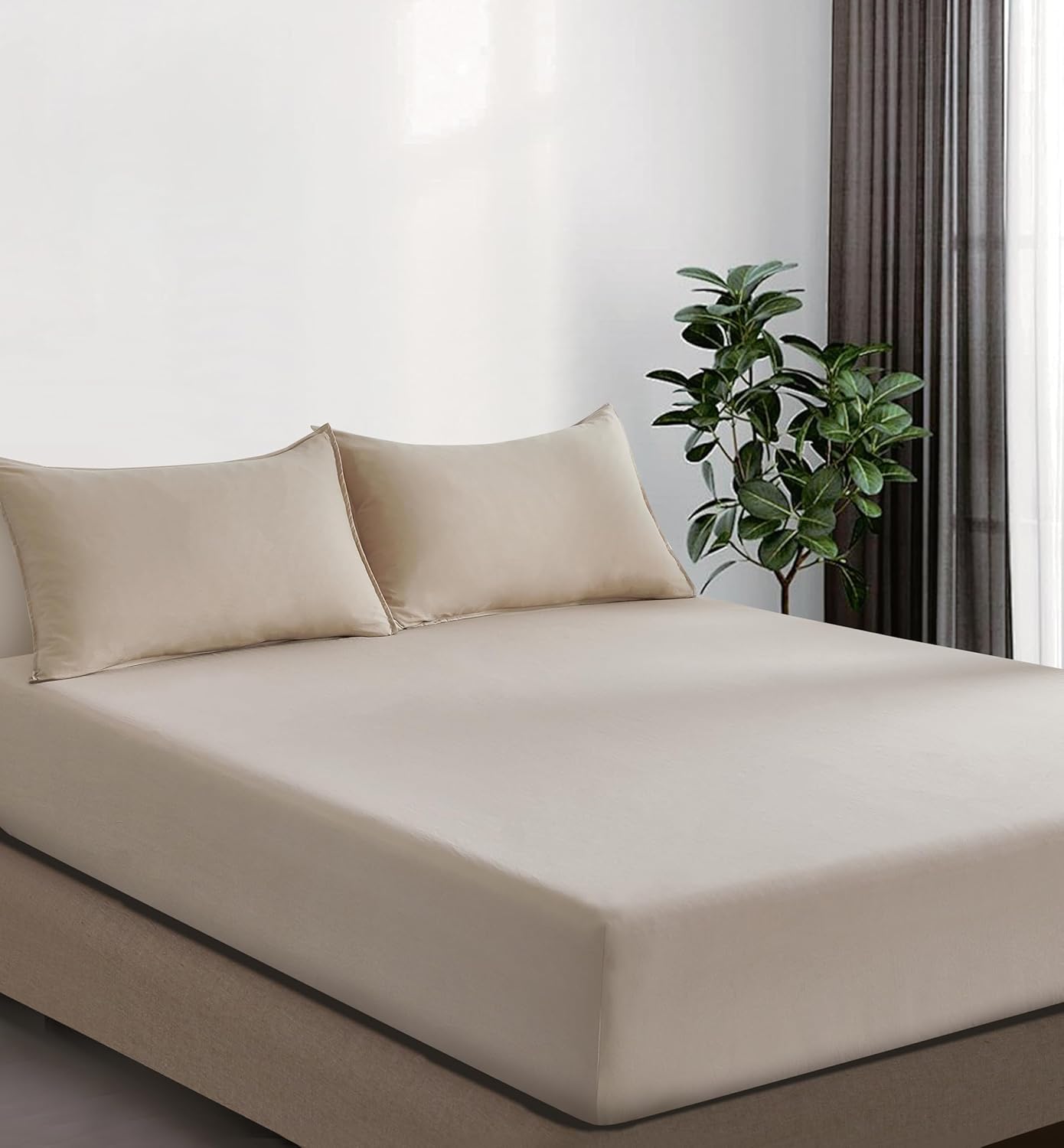 100% Vintage Washed Microfibre Fitted Sheet Set – Ultra Soft & Lightweight All-Season Fitted Sheet with 2 Pillowcases (Linen, Queen Size)