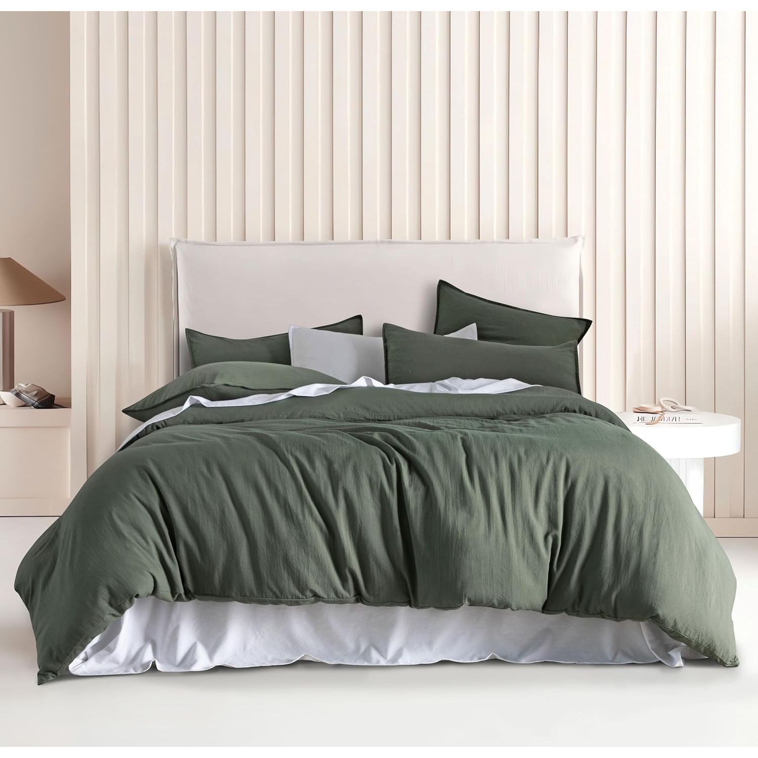 CleverPolly Vintage Washed Microfibre Quilt Cover Set (3Pcs) - Khaki Green - Queen Size