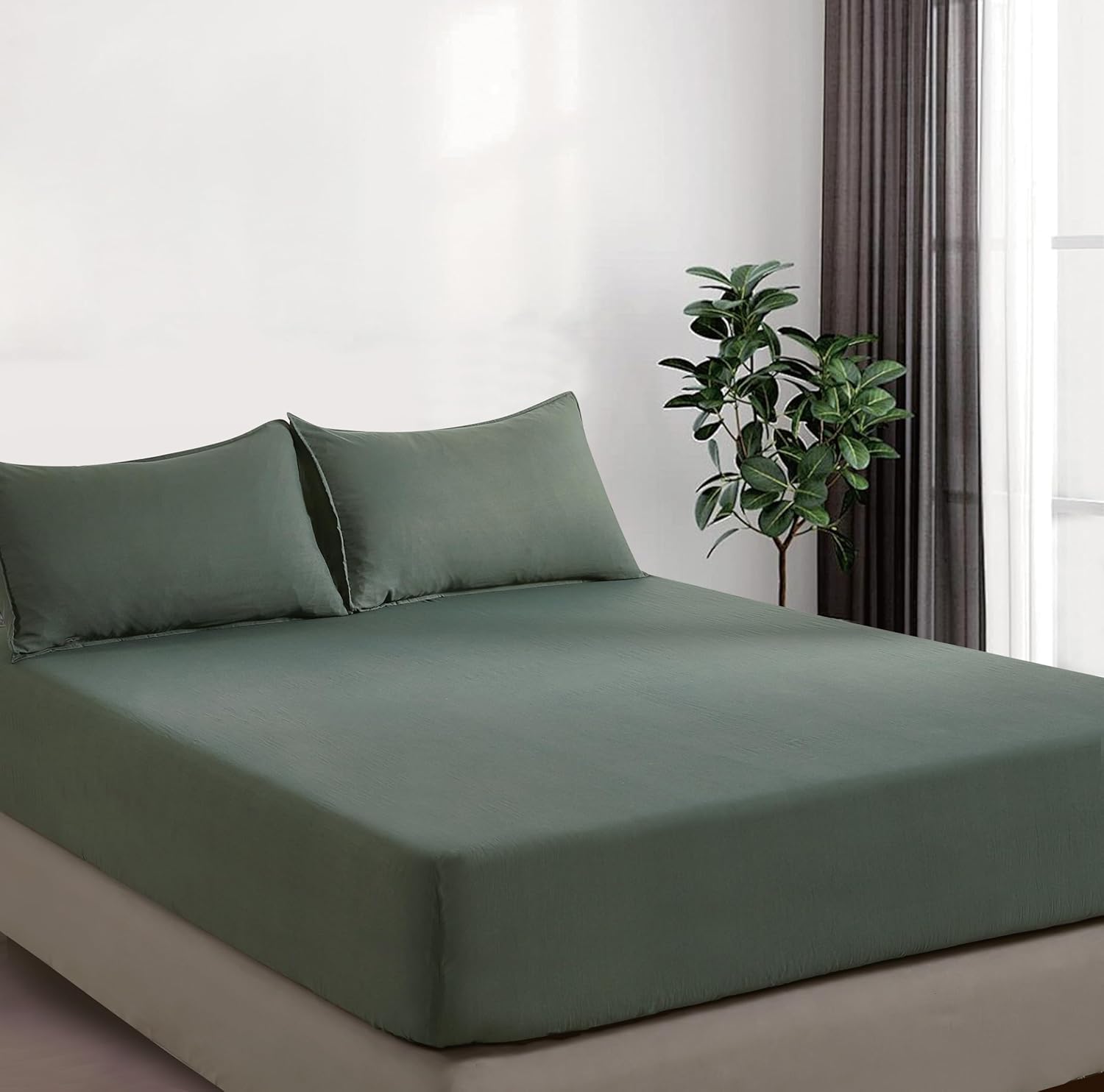 100% Vintage Washed Microfibre Fitted Sheet Set – Ultra Soft & Lightweight All-Season Fitted Sheet with 2 Pillowcases (Khaki Green, King Size)