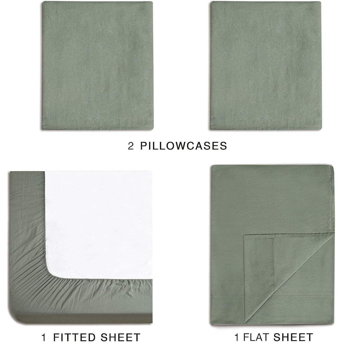 CleverPolly Vintage Washed Microfibre Sheet Set with 2 Pillowcases - Khaki Green - King