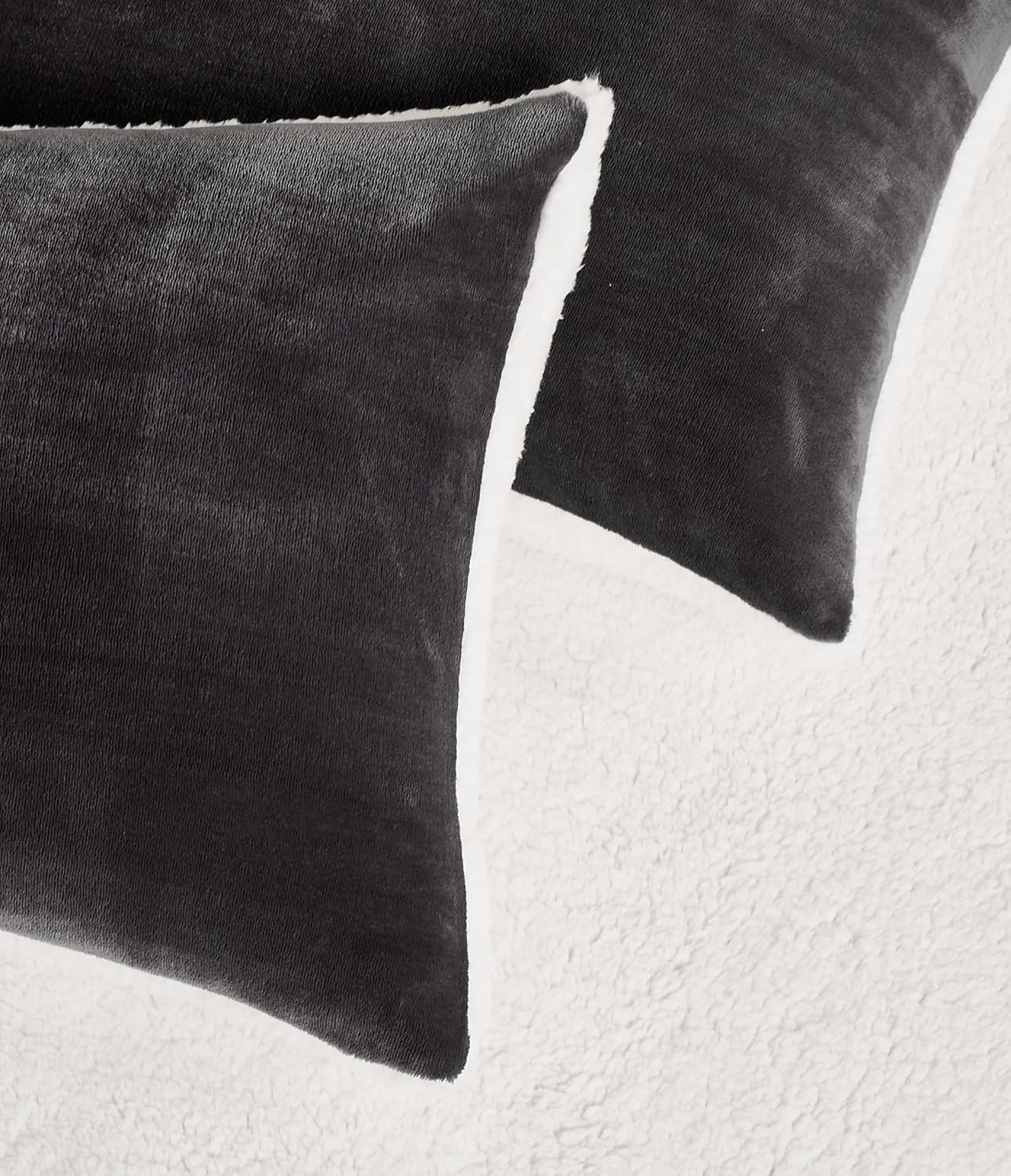 Teddy Sherpa Twin-Pack European Pillowcases - Soft Reversible Velvet & Sherpa Cushion Covers - Machine Washable with Zipper Closure -  65x65cm - Charcoal