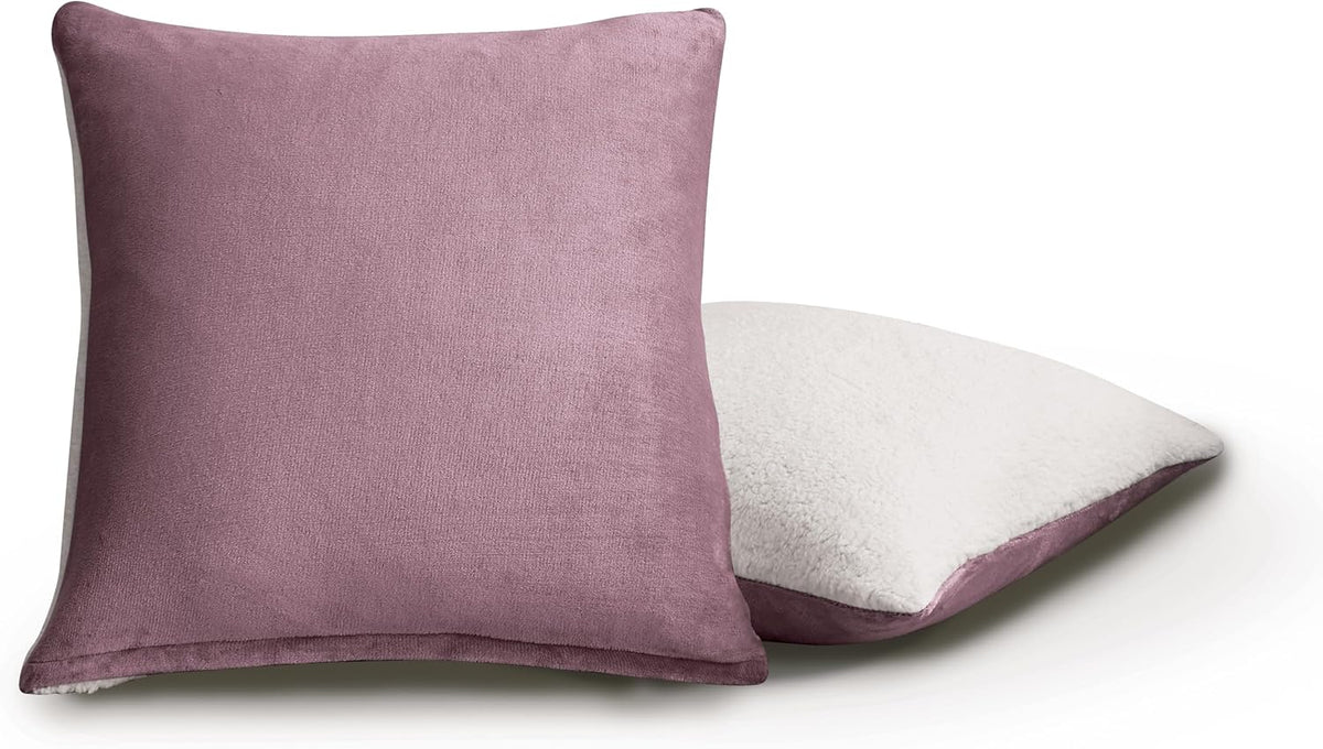 Teddy Sherpa Twin-Pack European Pillowcases - Soft Reversible Velvet &amp; Sherpa Cushion Covers - Machine Washable with Zipper Closure -  65x65cm - Mauve