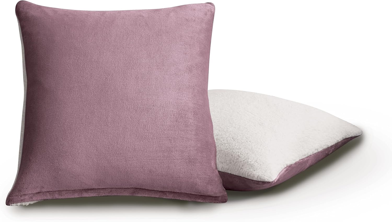 Teddy Sherpa Twin-Pack European Pillowcases - Soft Reversible Velvet & Sherpa Cushion Covers - Machine Washable with Zipper Closure -  65x65cm - Mauve