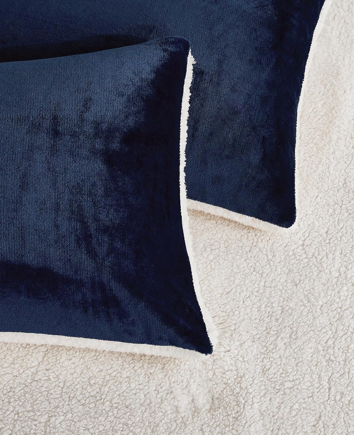 Teddy Sherpa Twin-Pack European Pillowcases - Soft Reversible Velvet & Sherpa Cushion Covers - Machine Washable with Zipper Closure -  65x65cm - Navy Blue