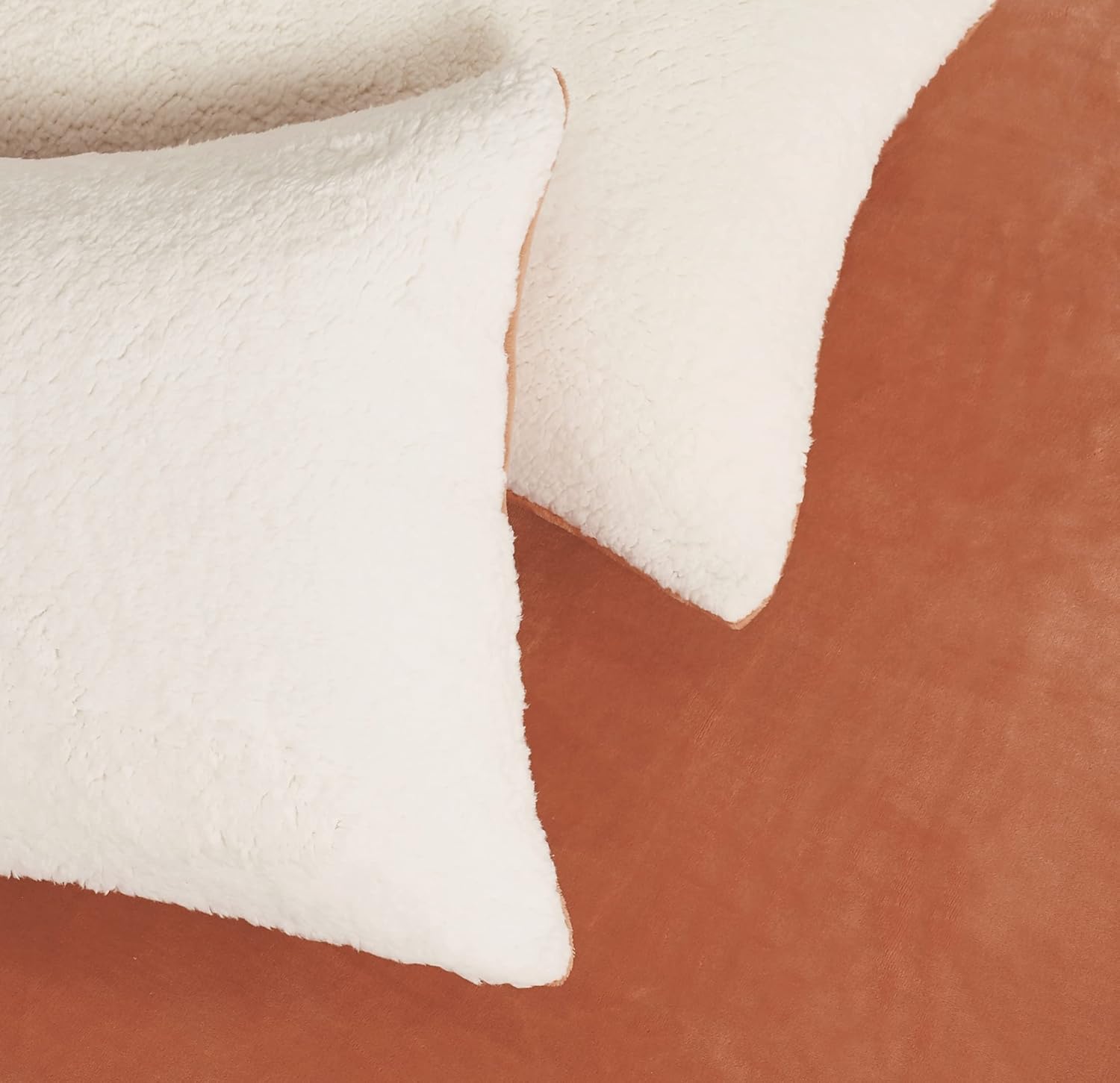 Teddy Sherpa Twin-Pack European Pillowcases - Soft Reversible Velvet & Sherpa Cushion Covers - Machine Washable with Zipper Closure -  65x65cm - Terracotta
