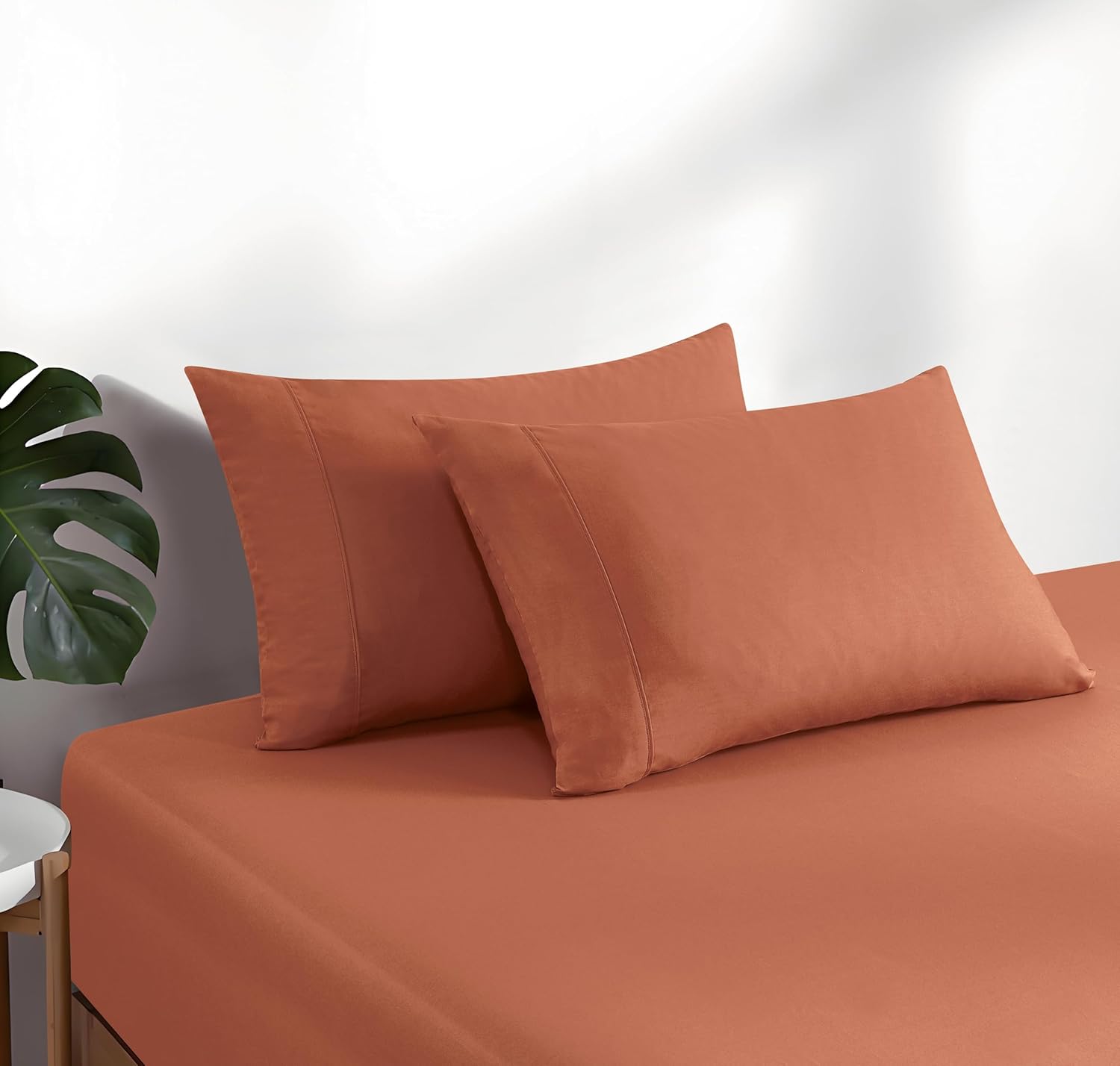 100% Vintage Washed Cotton Fitted Sheet Combo Set – 100% Natural Cotton, Ultra Soft & Breathable – Includes Fitted Sheet & Pillowcases – Machine Washable (Brick, King Single)