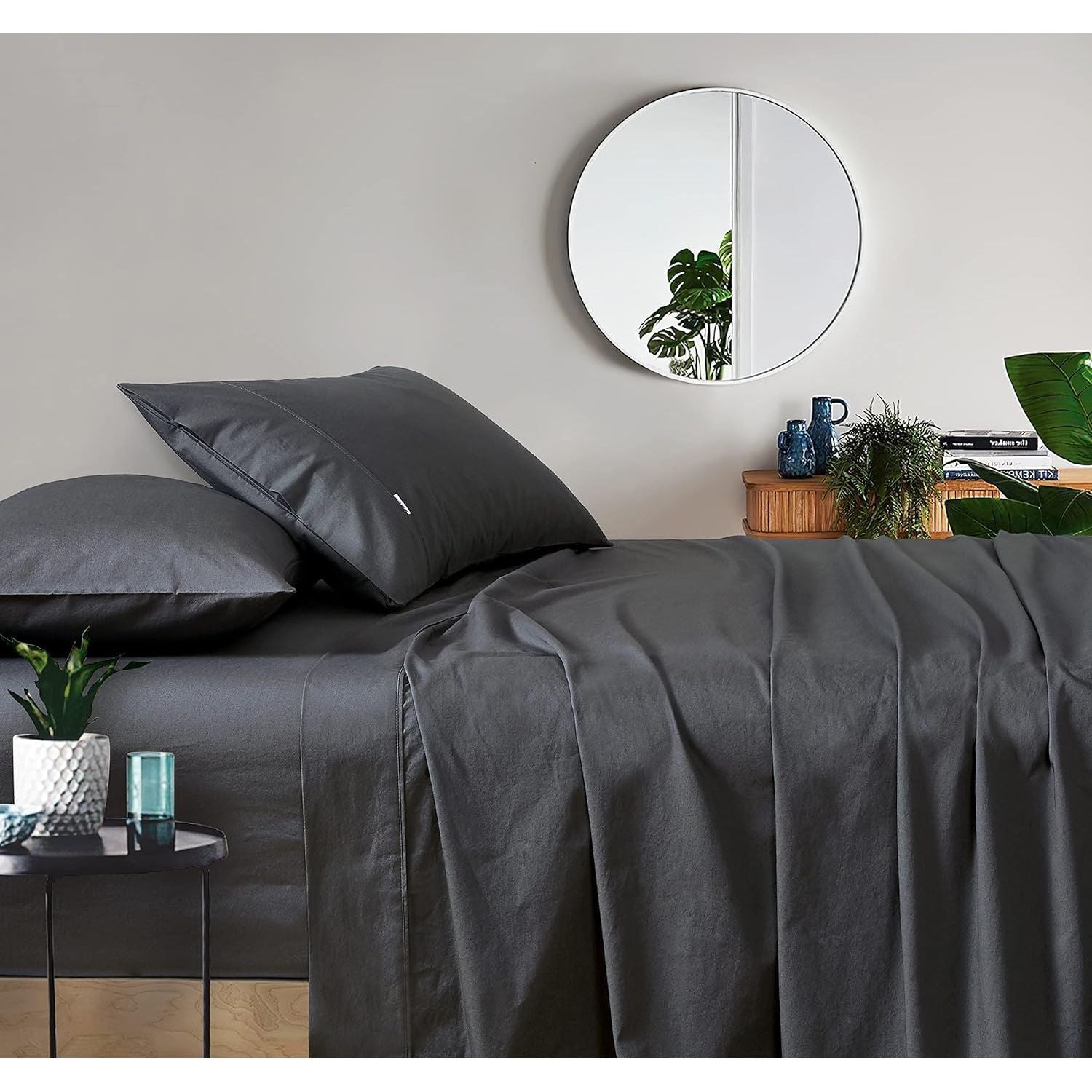 Gioia Casa Vintage Washed 100% Cotton Sheet Set with 2 Pillowcases - Charcol - King Single