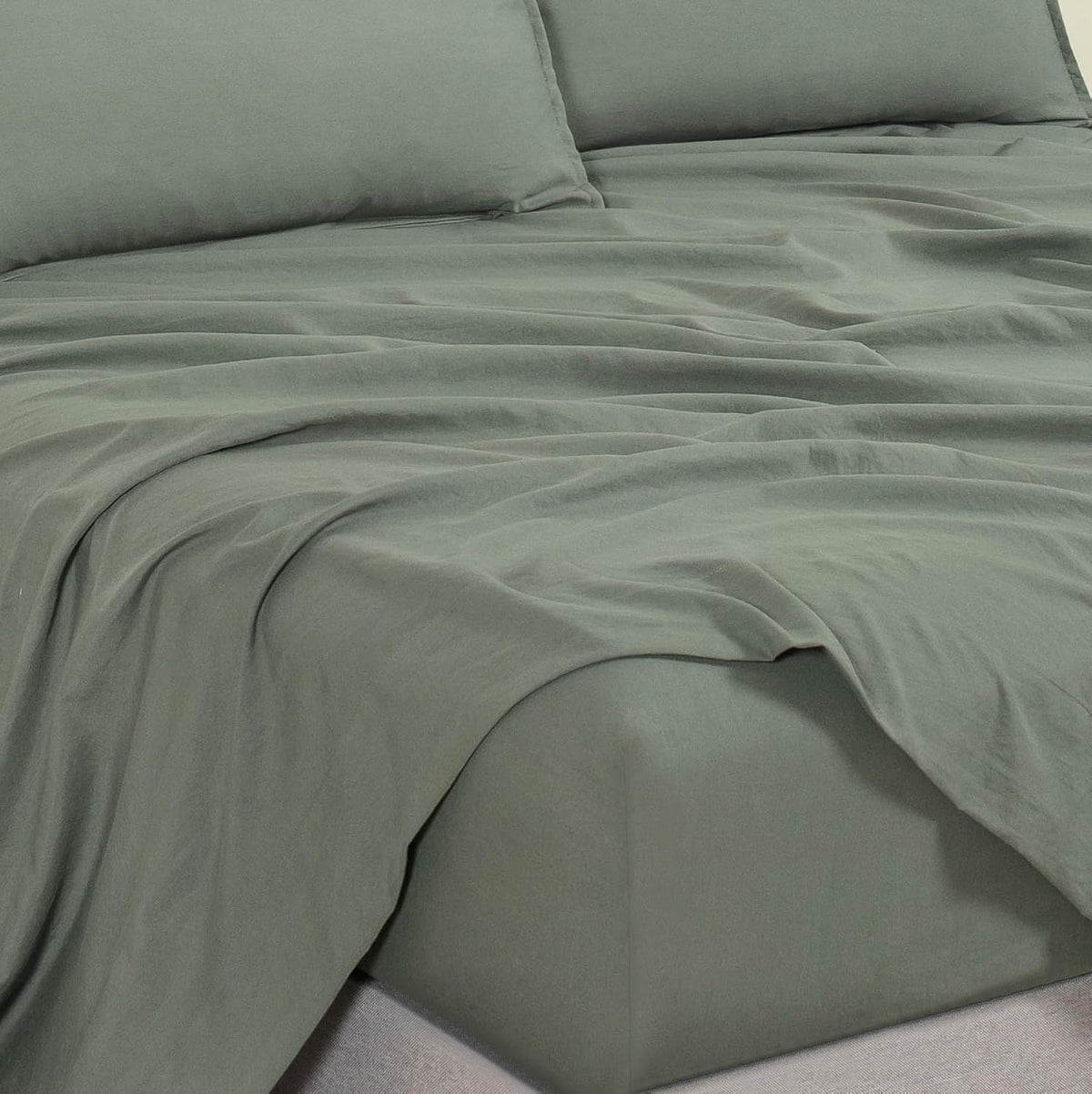 Vintage Washed Microfibre Sheet Set with 2 Pillowcases - Khaki Green - Super King
