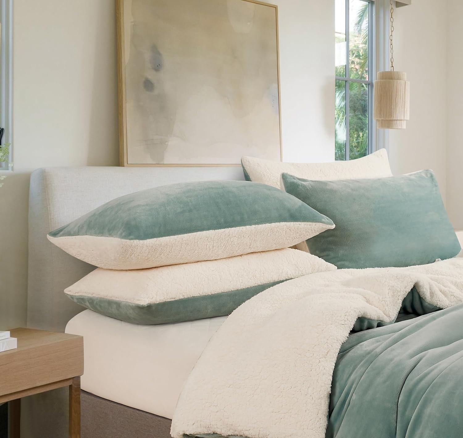 Teddy Sherpa Twin-Pack Standard Pillowcases - Soft Reversible Velvet & Sherpa Cushion Covers - Machine Washable with Zipper Closure -  48x73cm - Sage Green