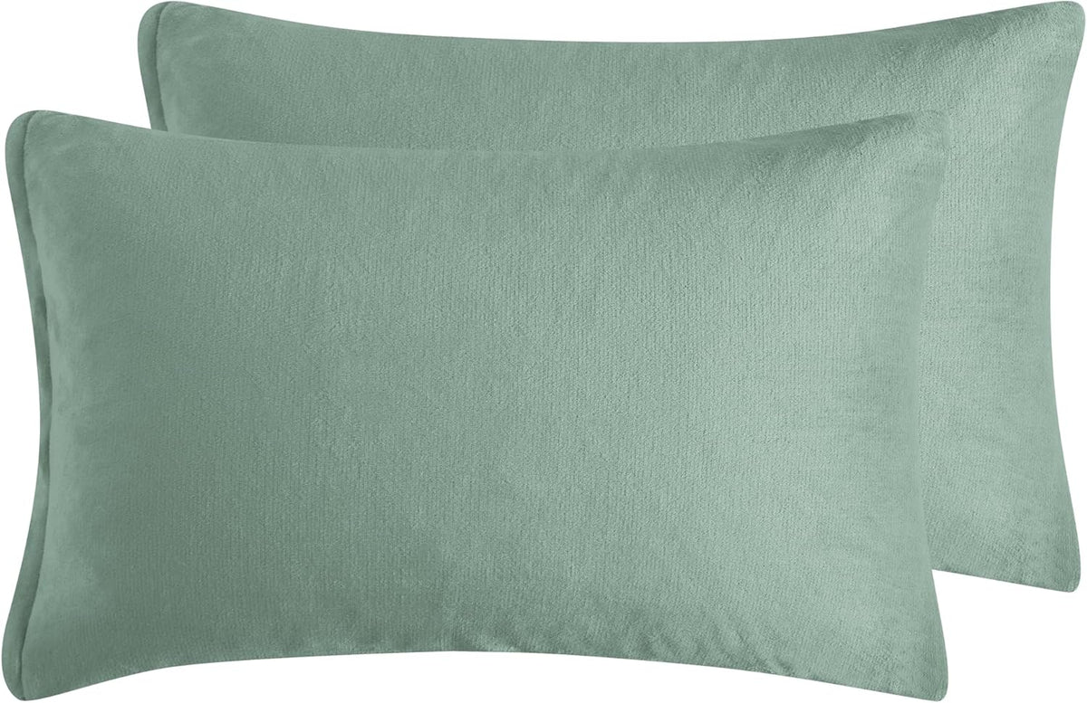 Teddy Sherpa Twin-Pack Standard Pillowcases - Soft Reversible Velvet & Sherpa Cushion Covers - Machine Washable with Zipper Closure -  48x73cm - Sage Green