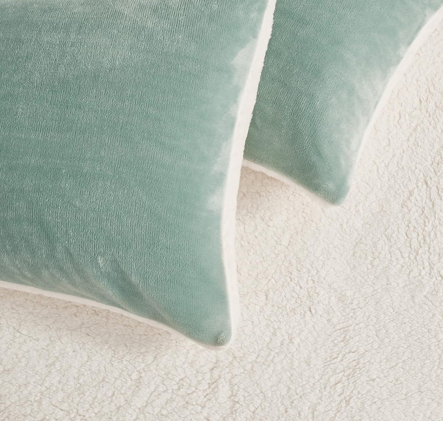 Teddy Sherpa Twin-Pack Standard Pillowcases - Soft Reversible Velvet & Sherpa Cushion Covers - Machine Washable with Zipper Closure -  48x73cm - Sage Green