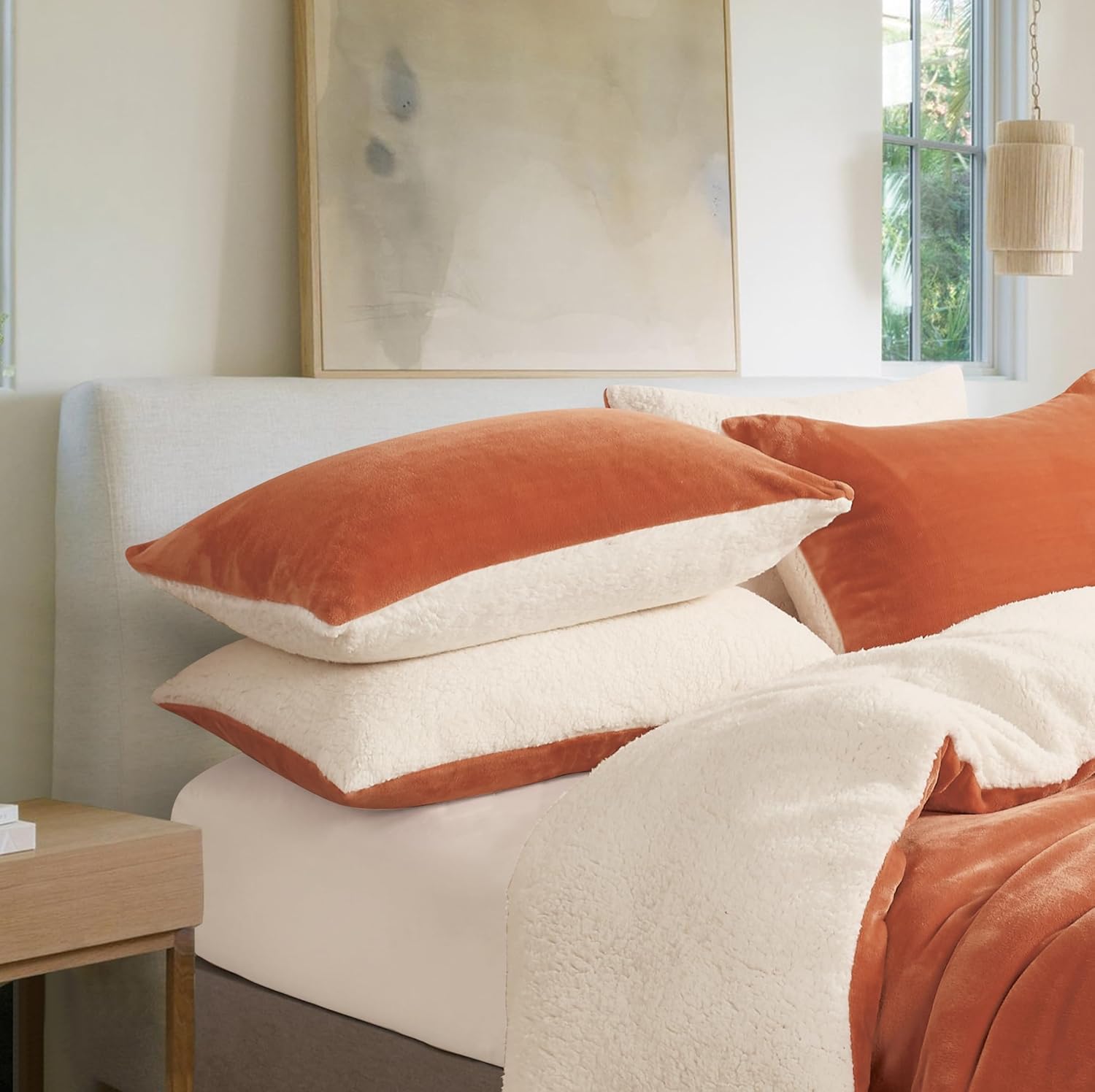 Teddy Sherpa Twin-Pack Standard Pillowcases - Soft Reversible Velvet & Sherpa Cushion Covers - Machine Washable with Zipper Closure -  48x73cm - Terracotta