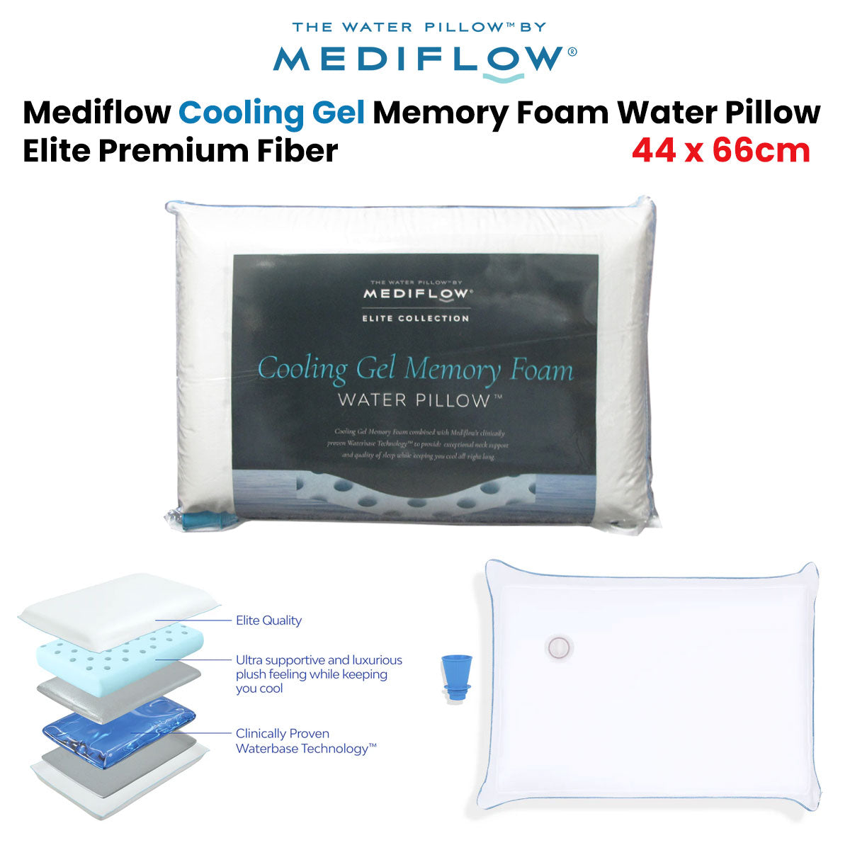 Mediflow Elite Premium Fiber Cooling Gel Memory Foam Water Pillow 44 x 66 cm