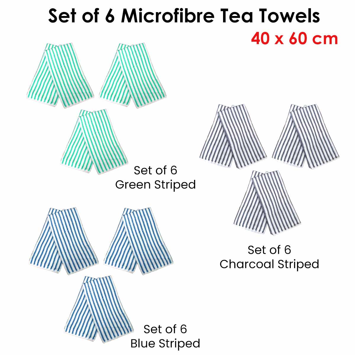 Set of 6 Microfibre Striped Tea Towels 40 x 60 cm Blue