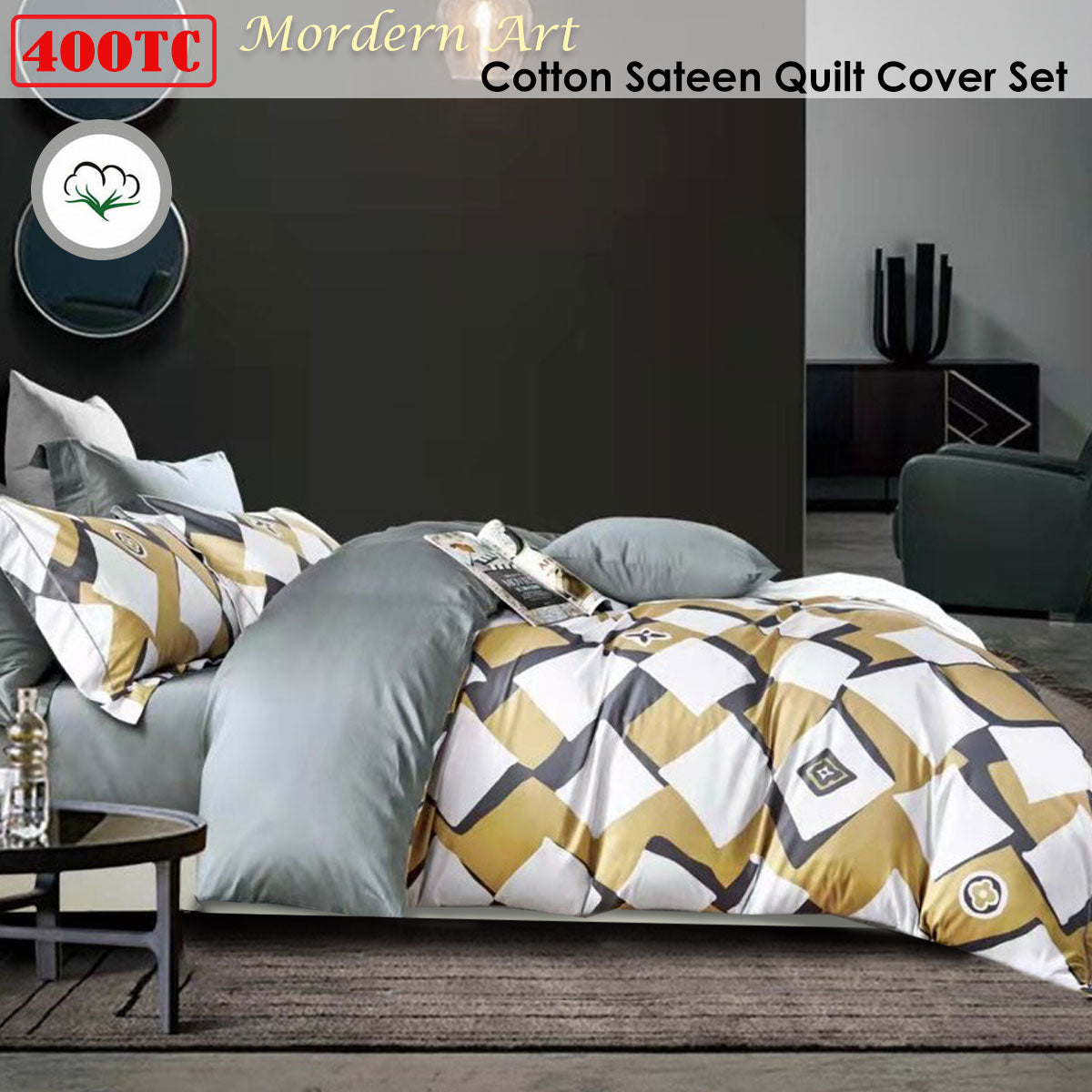 400TC Cotton Sateen Quilt Cover Set Modern Art King