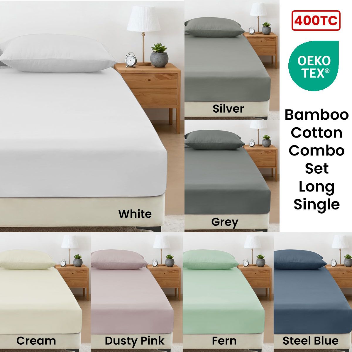 400TC Bamboo Cotton Fitted Sheet with Pillowcase Set Long Single Size 40cm Wall Steel Blue