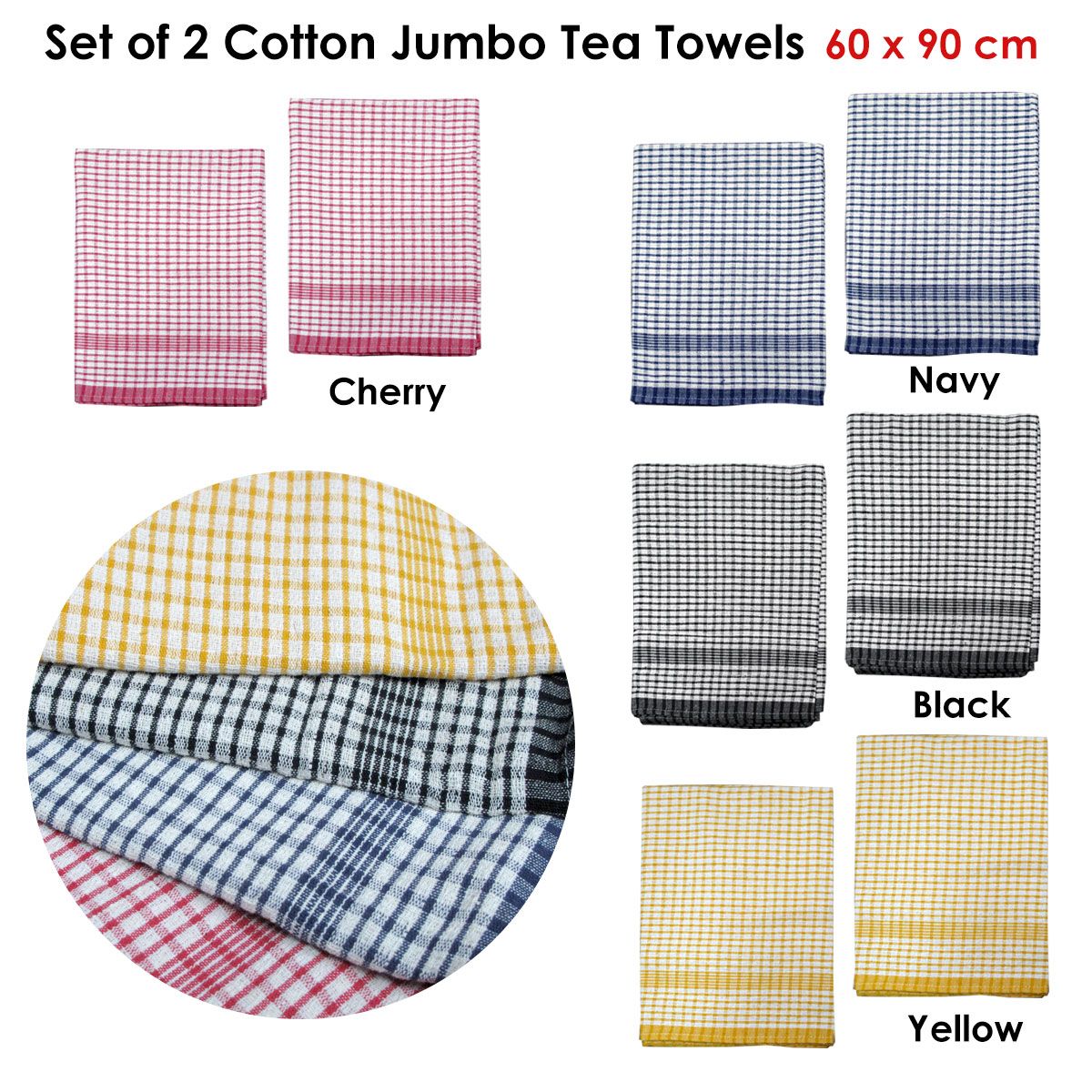 Hotel Living Set of 2 Jumbo Cotton Check Tea Towels 60x90cm Cherry