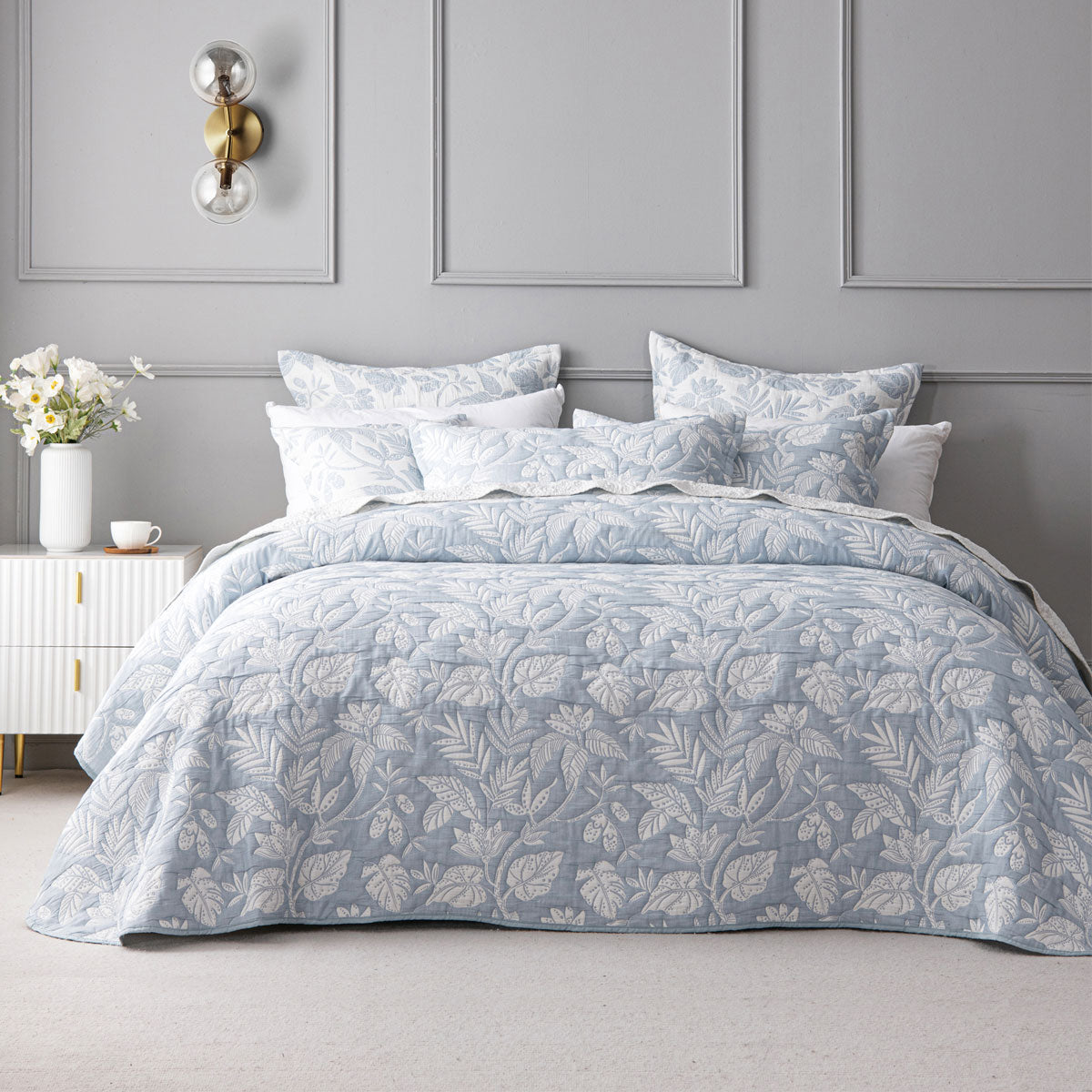 Bianca Laurieton Blue Jacquard Botanical Bedspread Set King Single