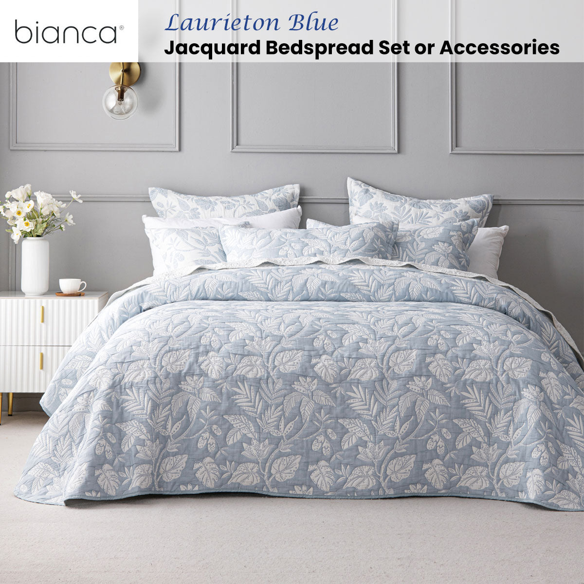Bianca Laurieton Blue Jacquard Botanical Bedspread Set Super King