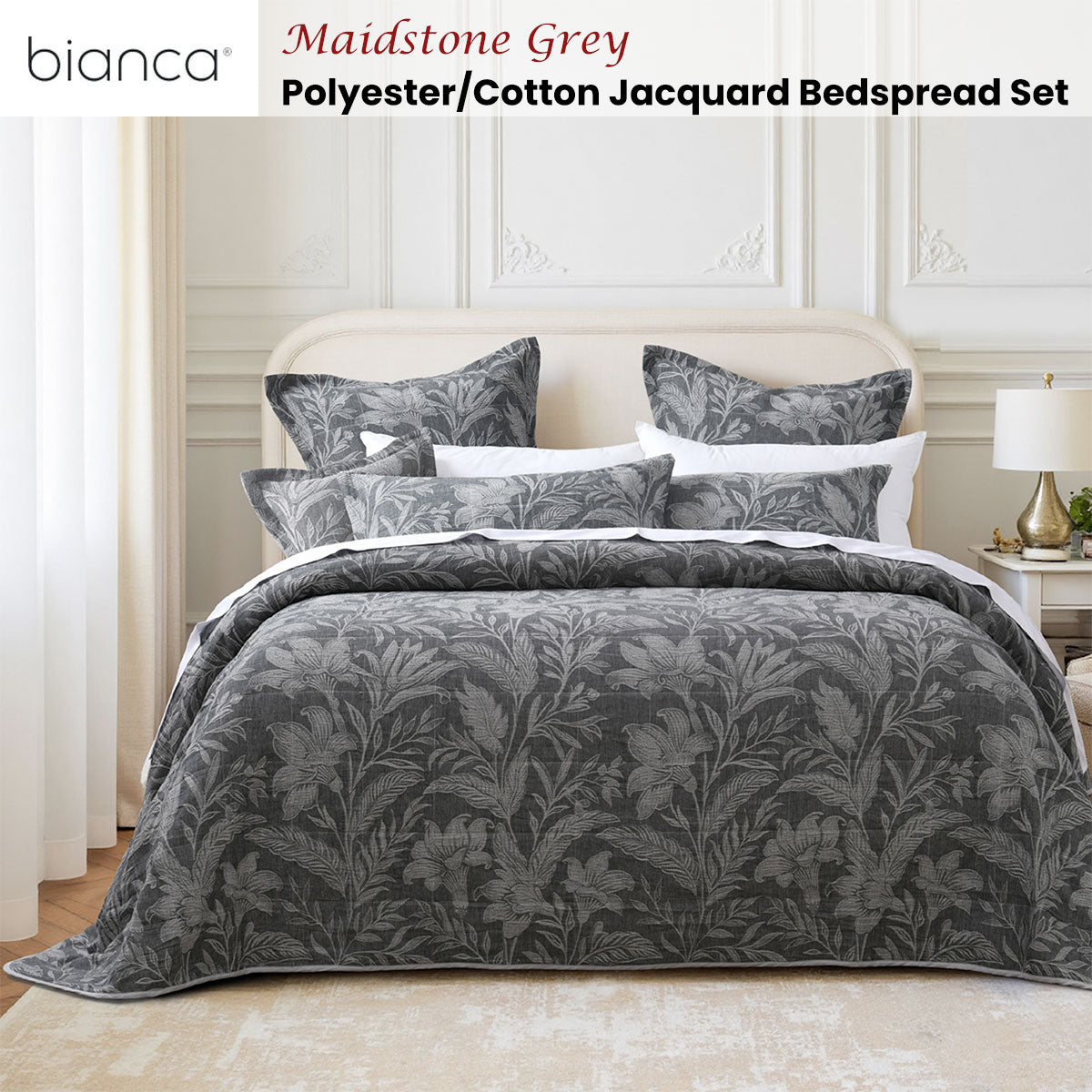 Bianca Maidstone Grey Floral Jacquard Bedspread Set Queen