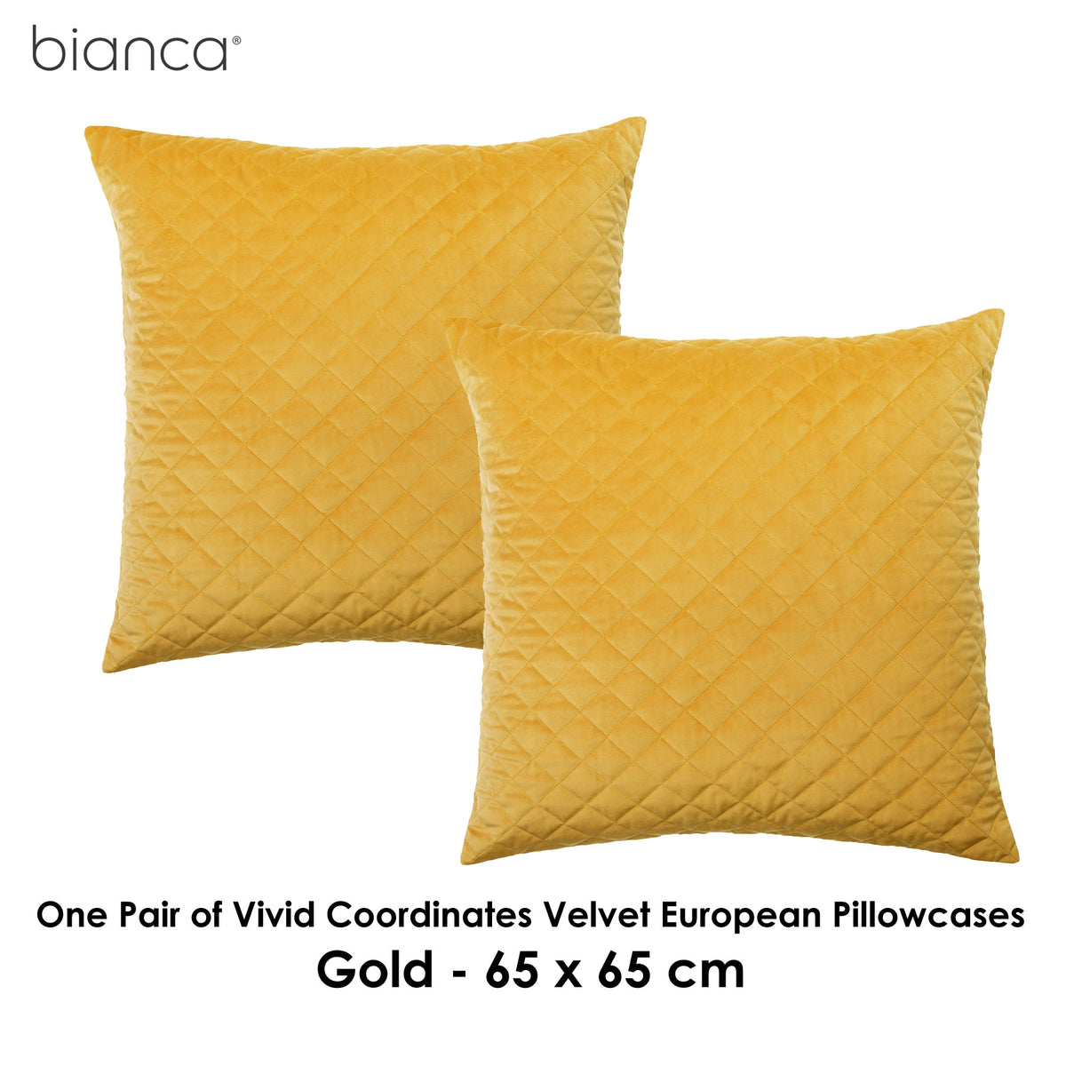 Bianca Elegance Pair of Vivid Coordinates Velvet Gold European Pillowcases 65 x 65 cm