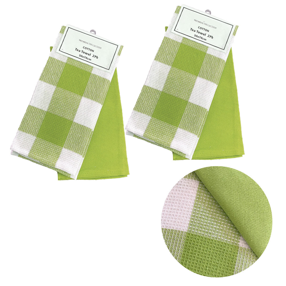 Set of 4 Cotton Waffle Checkered &amp; Plain Dyed Tea Towels 50cm x 70cm Green