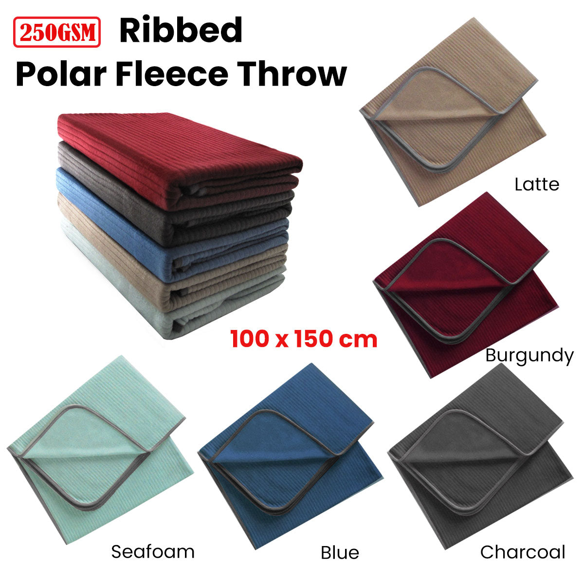 250GSM Ribbed Polar Fleece Throw 100 x 150cm Charcoal