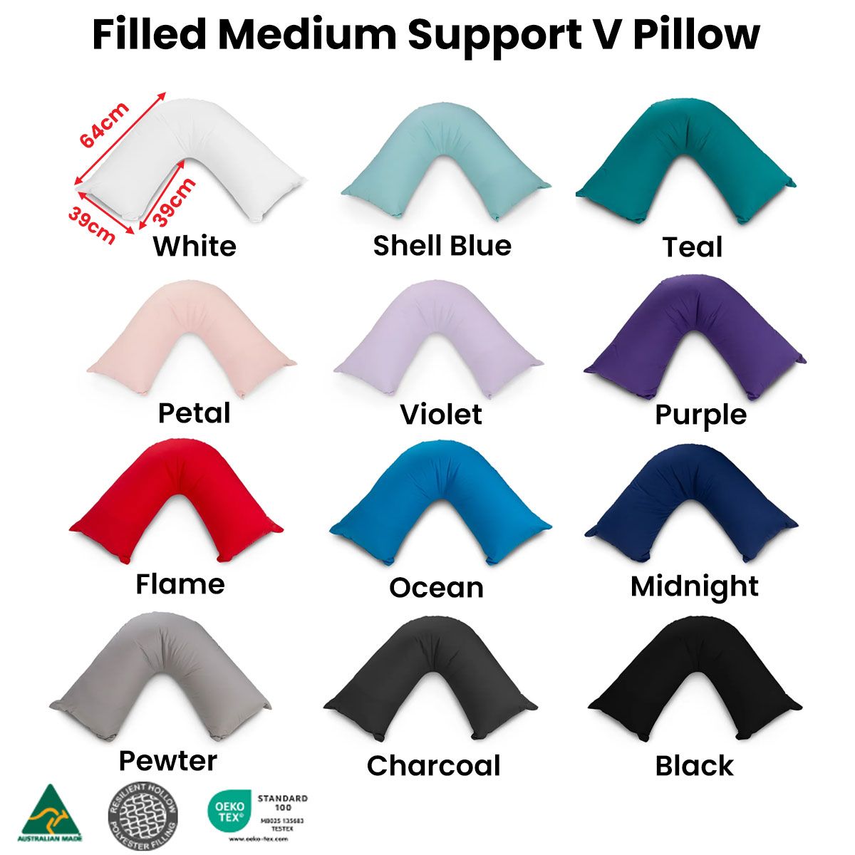 Easyrest Aus Made Medium Support Filled V Shape Pillow 64 x 39 cm Petal
