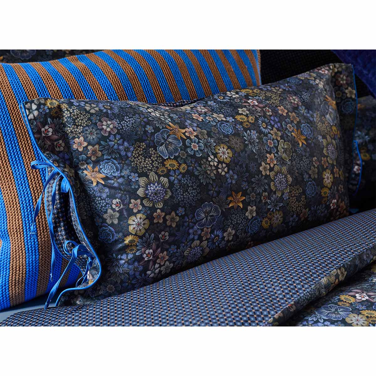PIP Studio Tutti i Fiori Dark Blue Cotton Cover Oblong Cushion 35cm x 60cm