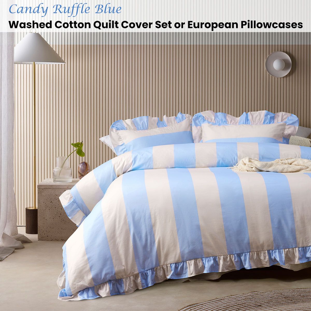 Vintage Design Homewares Candy Ruffle Blue Striped Washed Cotton Quilt Cover Set King