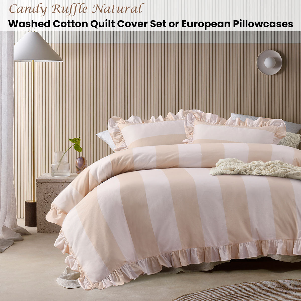 Vintage Design Homewares Candy Ruffle Natural Striped Washed Cotton Quilt Cover SetQueen