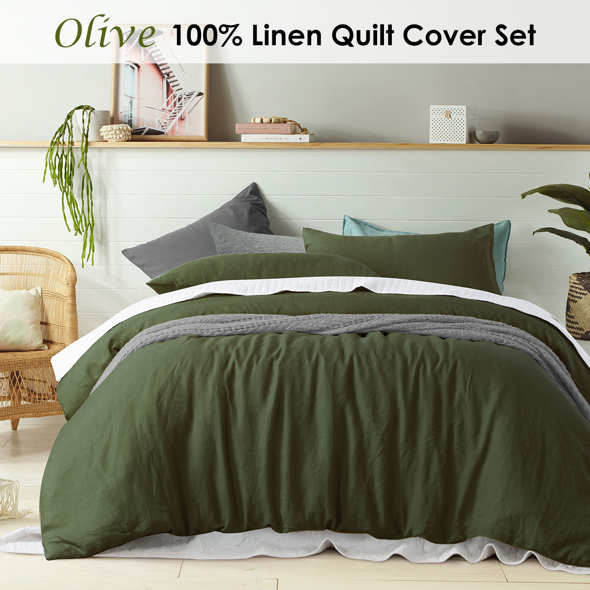 100% Linen Olive Quilt Cover Set King