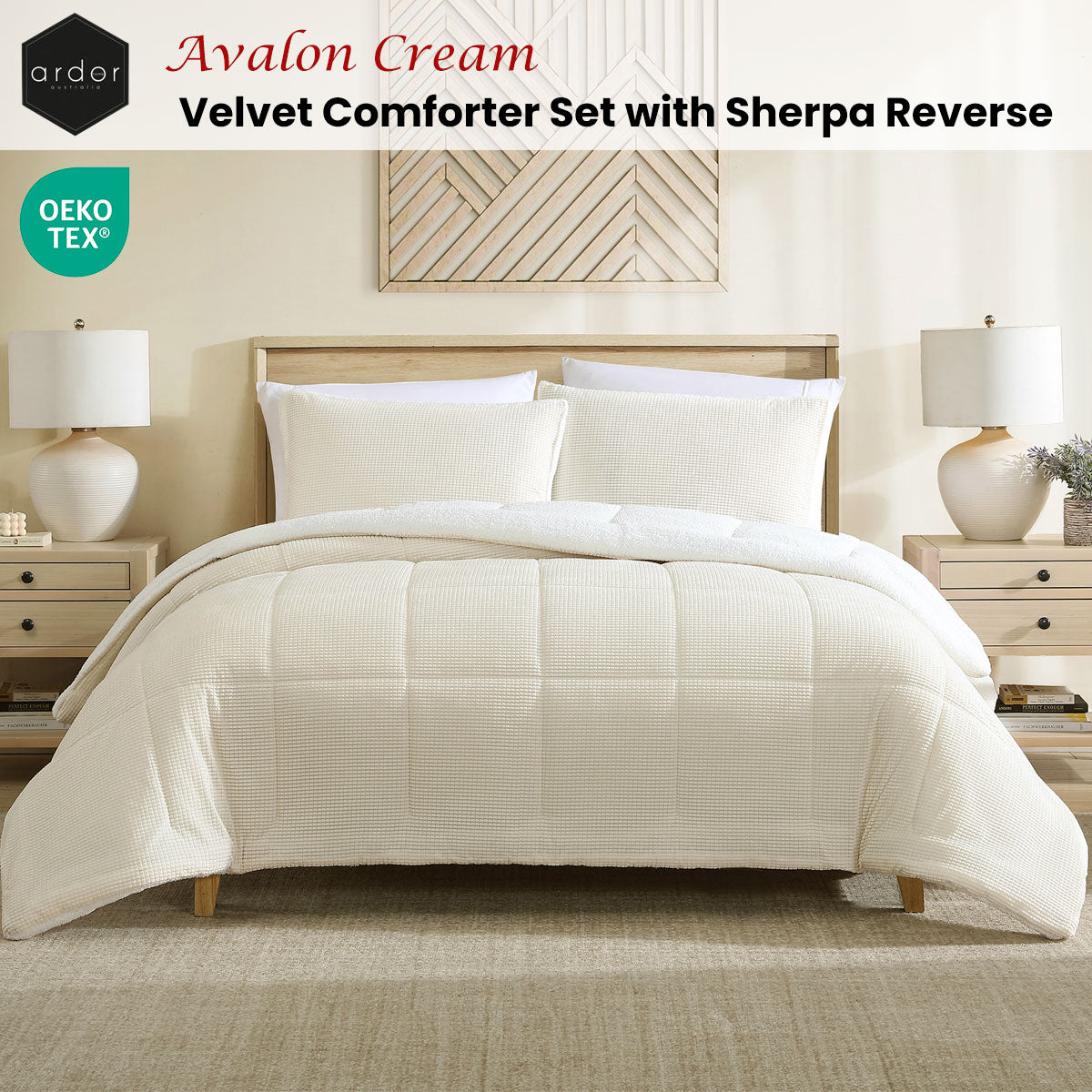 Ardor Avalon Cream 3 Pcs Velvet Comforter Set with Sherpa Reverse Queen/King