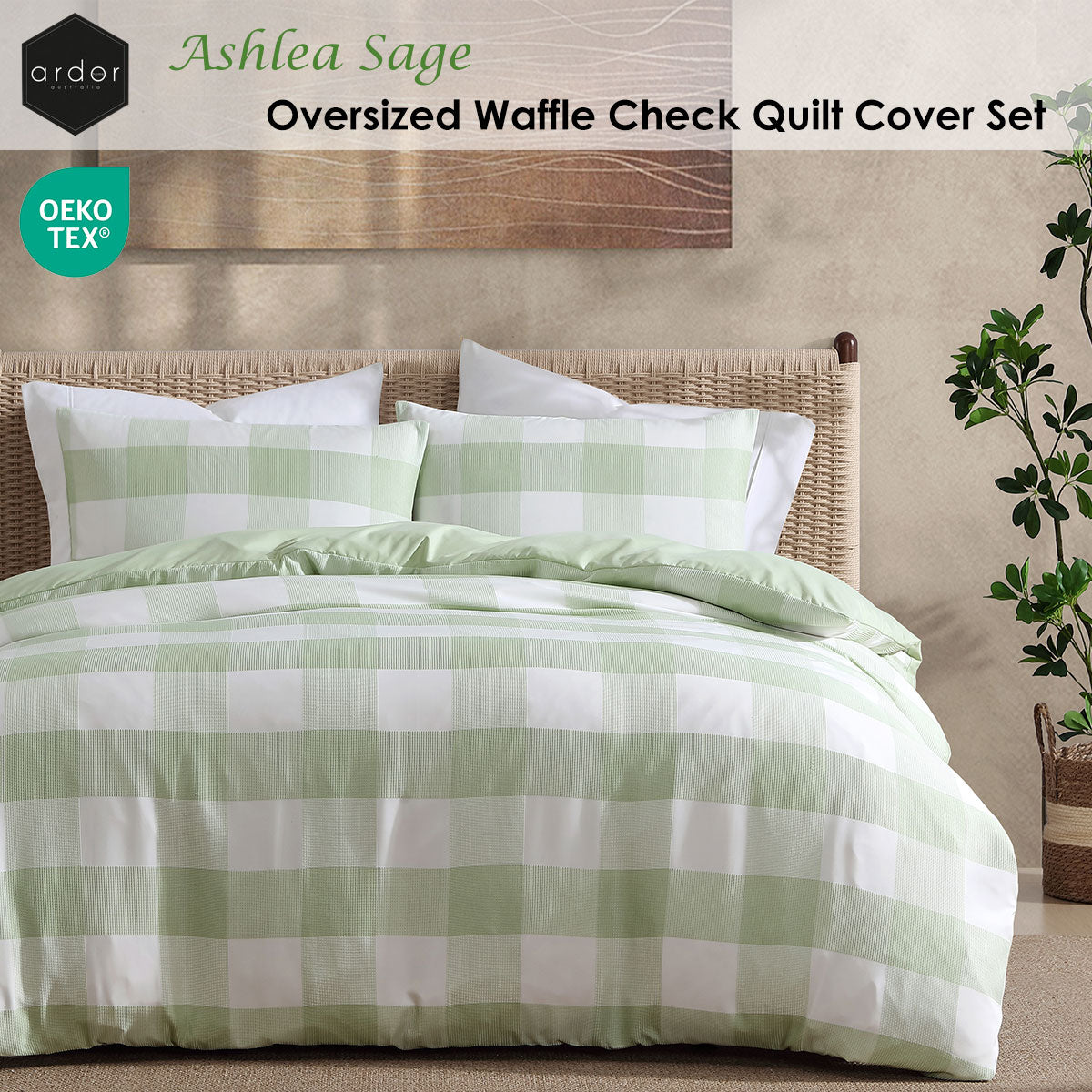Ardor Ashlea Sage Oversized Waffle Check Quilt Cover Set King