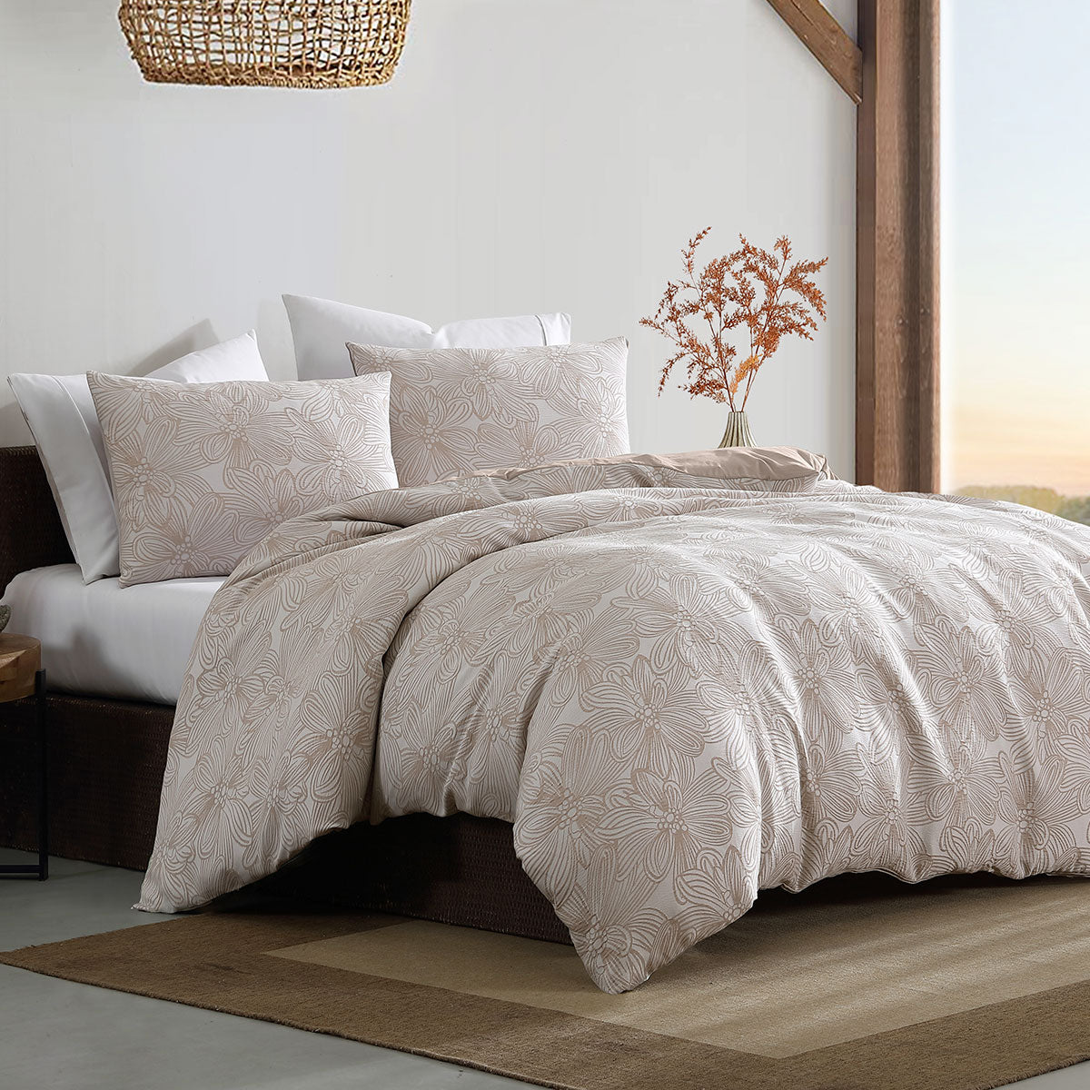 Ardor Avena Almond Textured Floral Jacquard Quilt Cover Set Queen